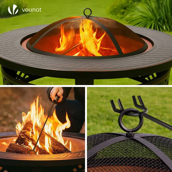 Brasero extérieur Ø81cm - métal - avec grille pare-etincelles tisonnier et couvercle - noir - VOUNOT® - Image 7