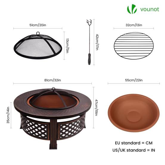 Brasero extérieur Ø81cm - métal - avec grille pare-etincelles tisonnier et couvercle - noir - VOUNOT® - Image 3