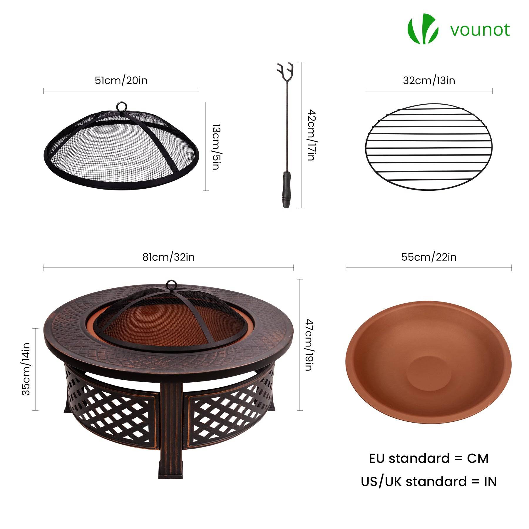 Brasero extérieur Ø81cm - métal - avec grille pare-etincelles tisonnier et couvercle - noir - VOUNOT® - Image 3