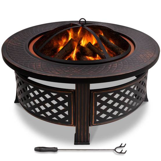 Brasero extérieur Ø81cm - métal - avec grille pare-etincelles tisonnier et couvercle - noir - VOUNOT® - Image 1