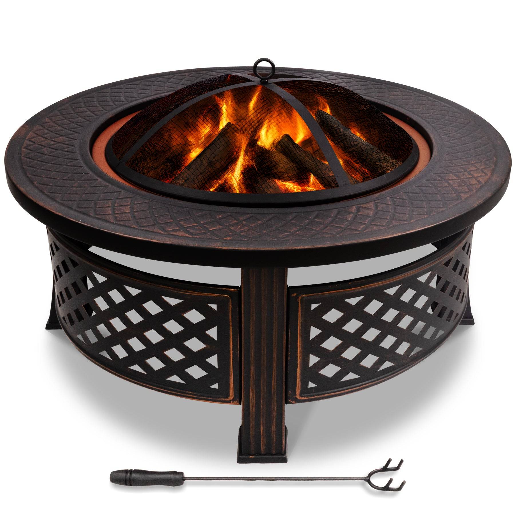 Brasero extérieur Ø81cm - métal - avec grille pare-etincelles tisonnier et couvercle - noir - VOUNOT® - Image 1