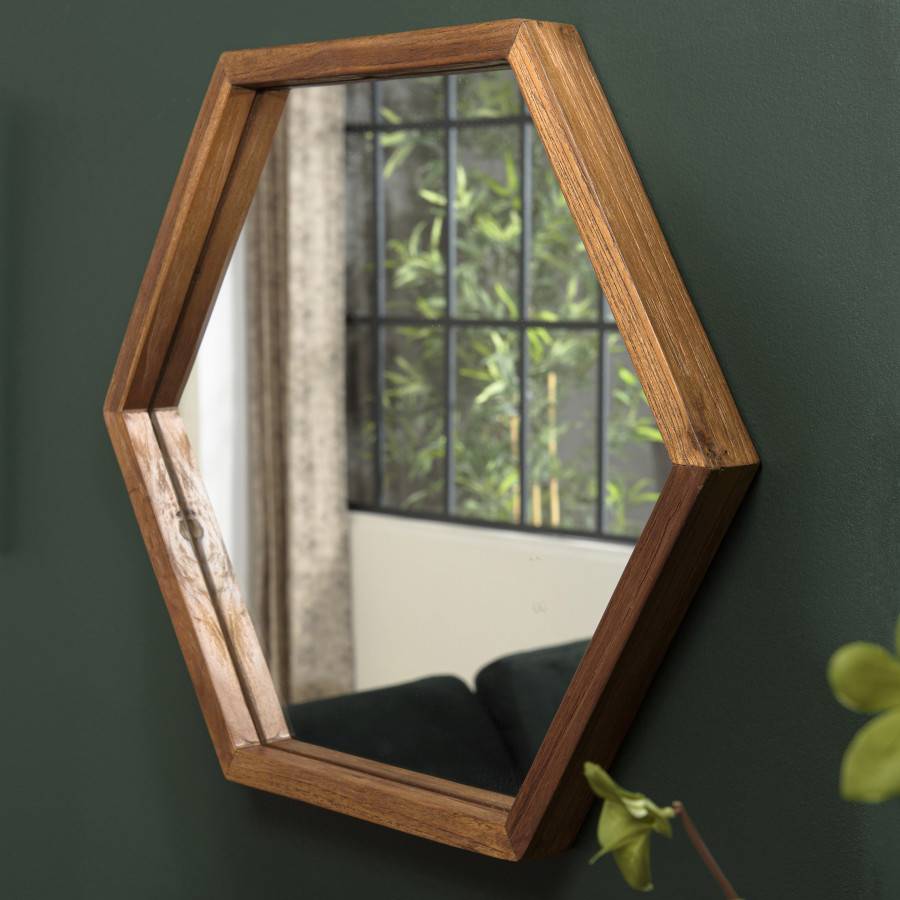 Macabane - ALIDA - Miroir 'L' marron structure bois teck recyclé forme hexagone - Imagen 4