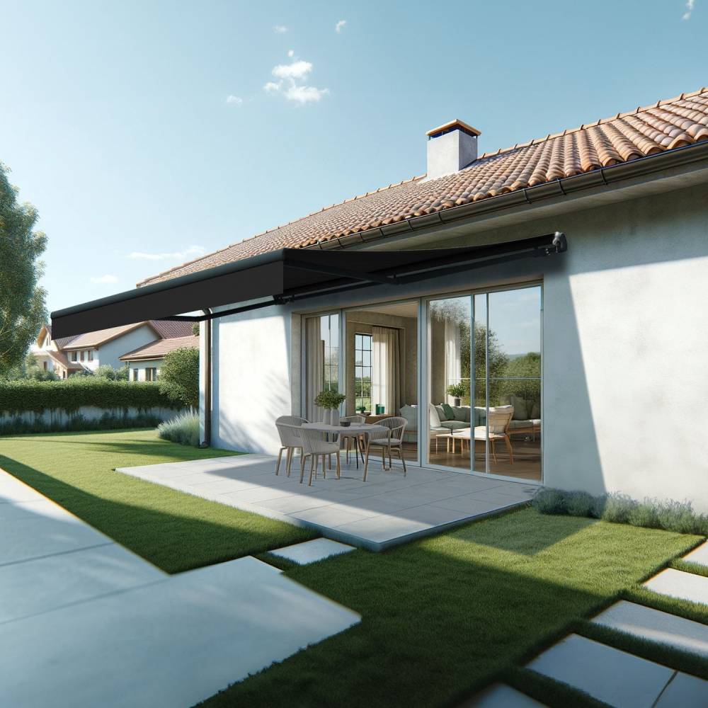 Store banne monobloc ESPAI 5,00x3,00m (Motorisé à interrupteur + manœuvre de secours - Noir - Gris anthracite) - Alia Productions - Imagen 1