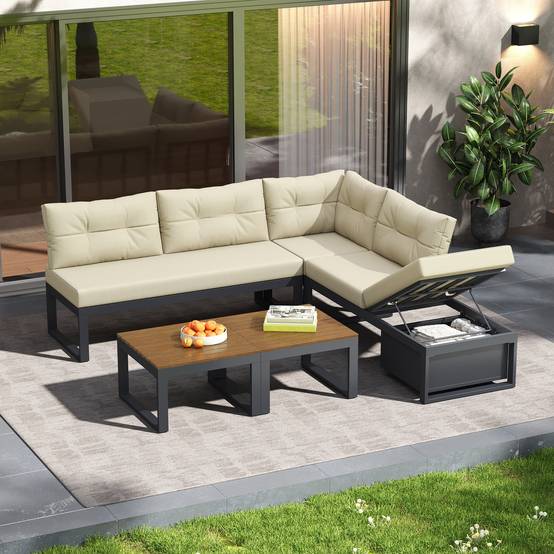 Salon de Jardin avec Canapé d'angle et Table Basse pour terrasse Polyester Beige - Image 2