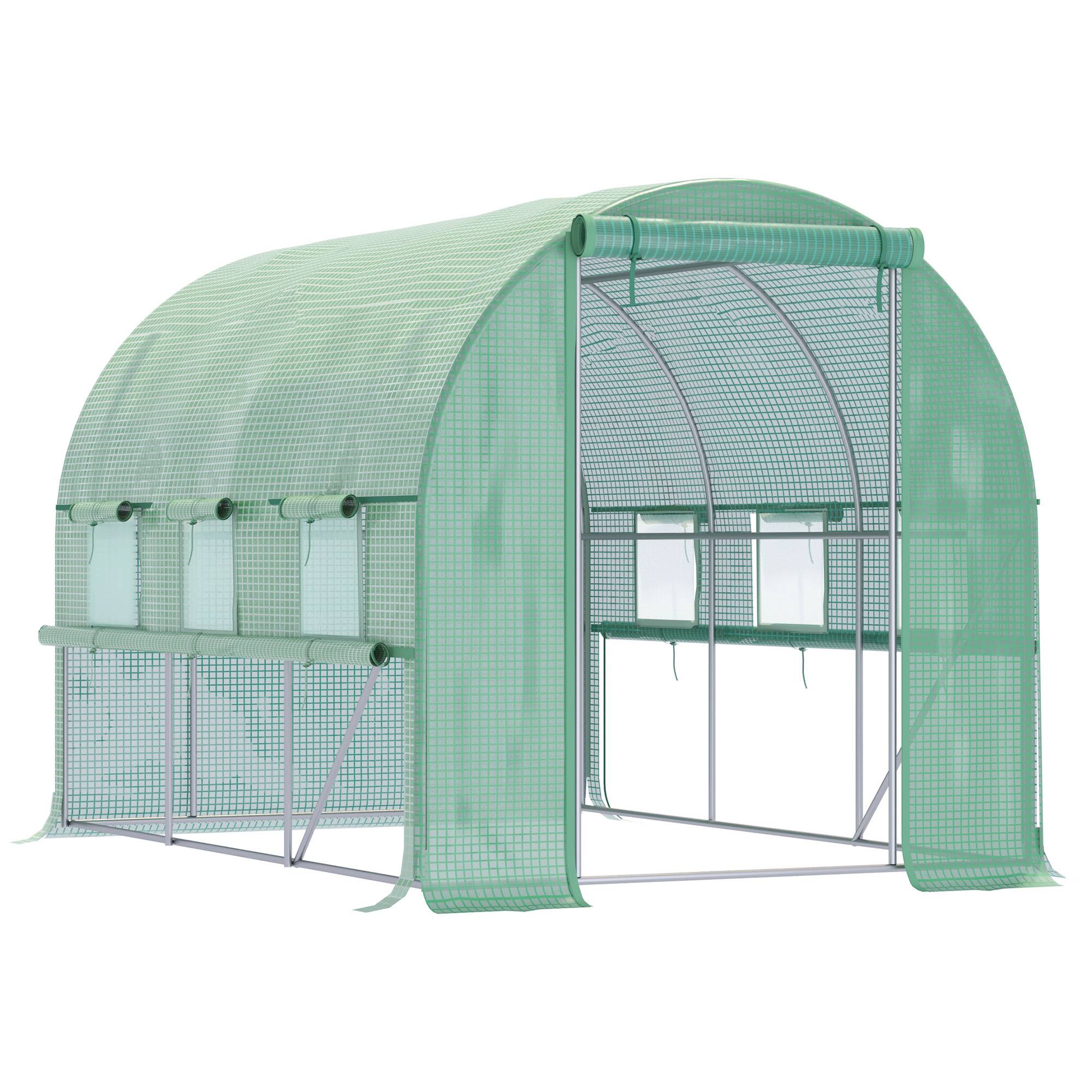 Serre potagère 3x2x2 m acier PE, portes zippées fenêtres filet verte, culture légumes fleurs