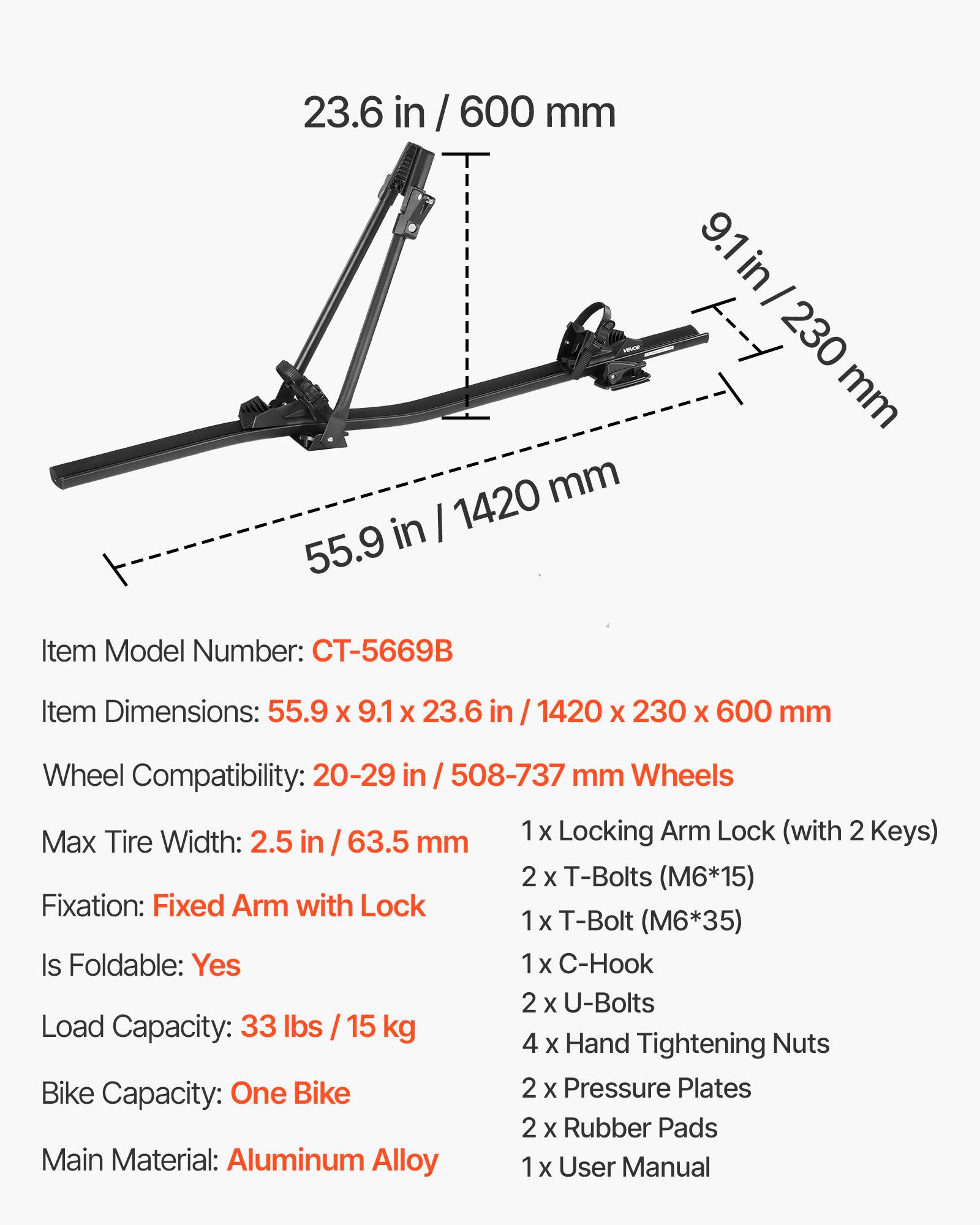 Vevor - VEVOR Porte-vélos de toit en aluminium, capacité 15 kg, pour 1 vélo, verrouillage sécurisé, compatible barres transversales standard, noir - Image 6