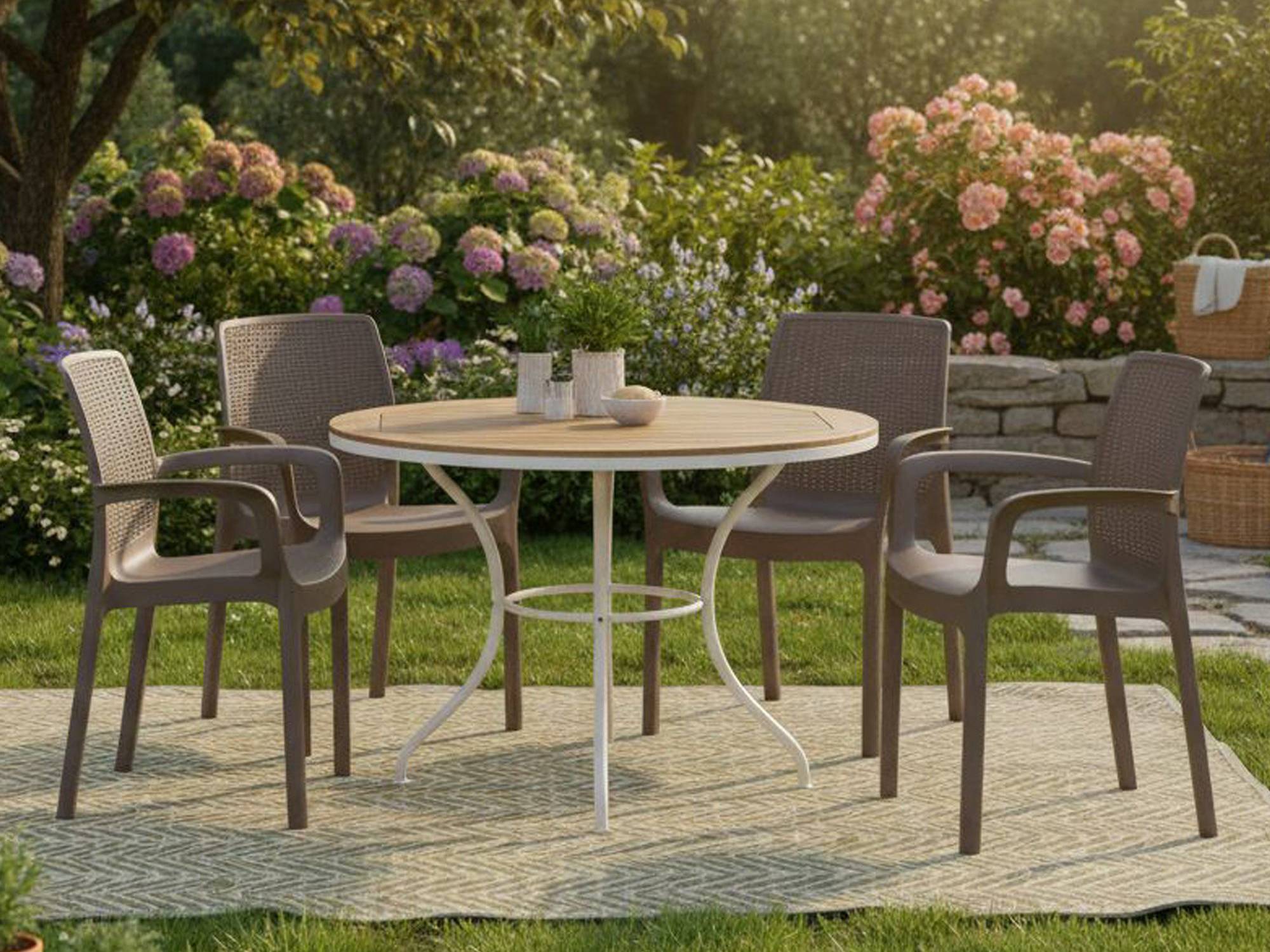 Dmora - Ensemble de 4 chaises d'extérieur Dnardin, sièges de jardin, chaise de table à manger, fauteuil d'extérieur effet rotin, 54x60h82 cm, marron - Dmora - Imagen 4