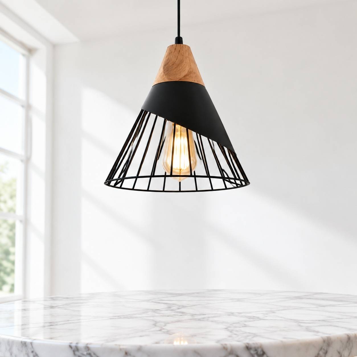Suspension Vintage Industriel Bois Métal E27 Noir - Image 6
