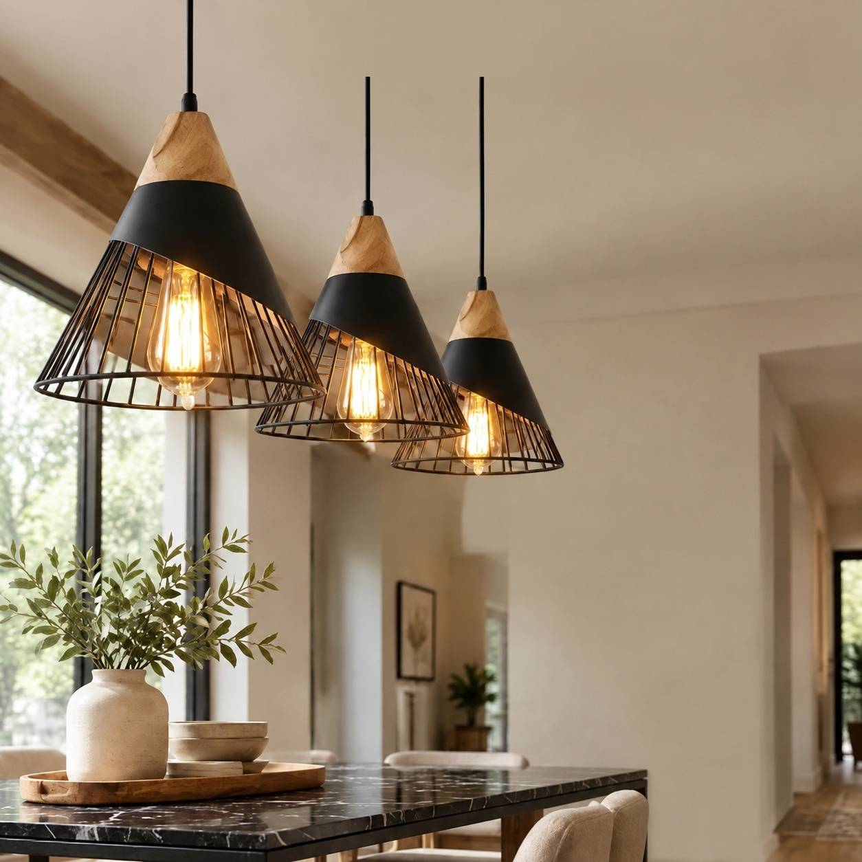 Suspension Vintage Industriel Bois Métal E27 Noir - Image 5