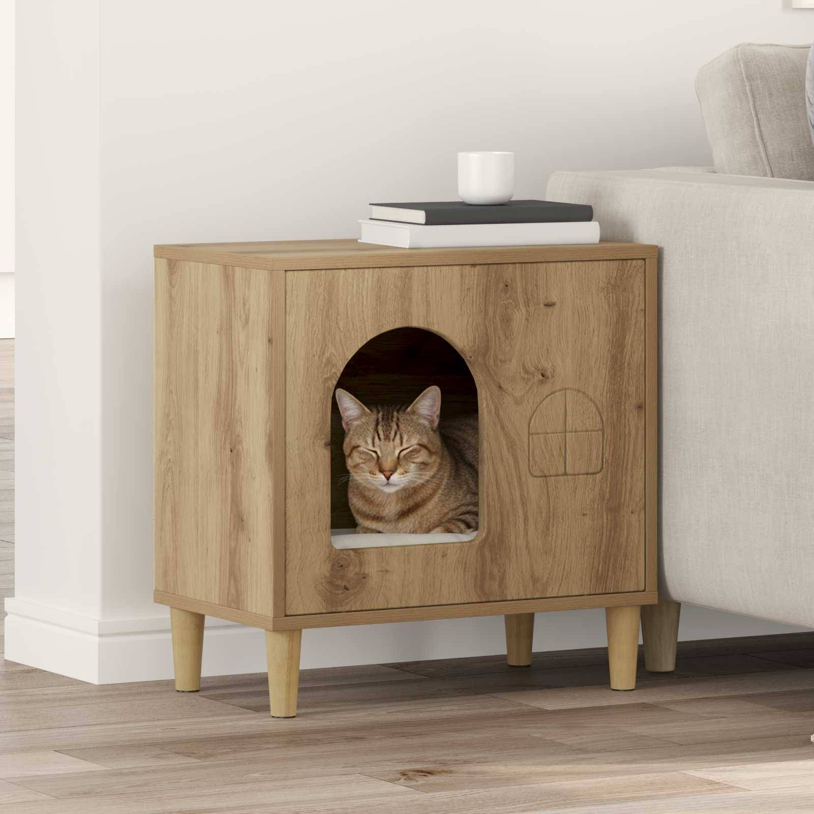 Abri Chat Intérieur Chêne Artisan Brun 52cm pour Chat Naturel Spacieux - ComfortXL Outdoor Living - Image 1