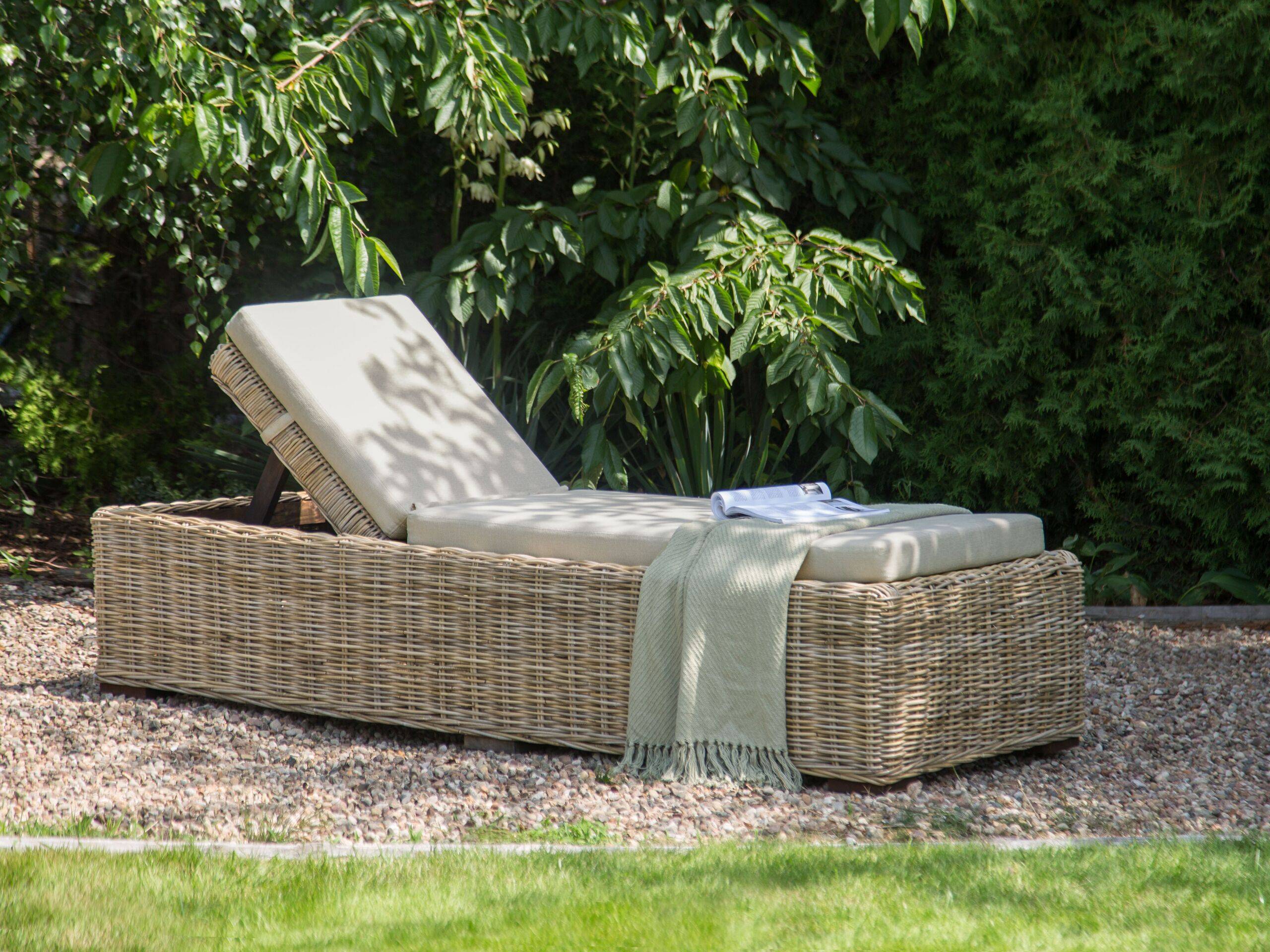 Bain de Soleil en Rotin Naturel avec Coussins Taupe Dossier Réglable Boho Traditionnel Patio Extérieur - Image 2