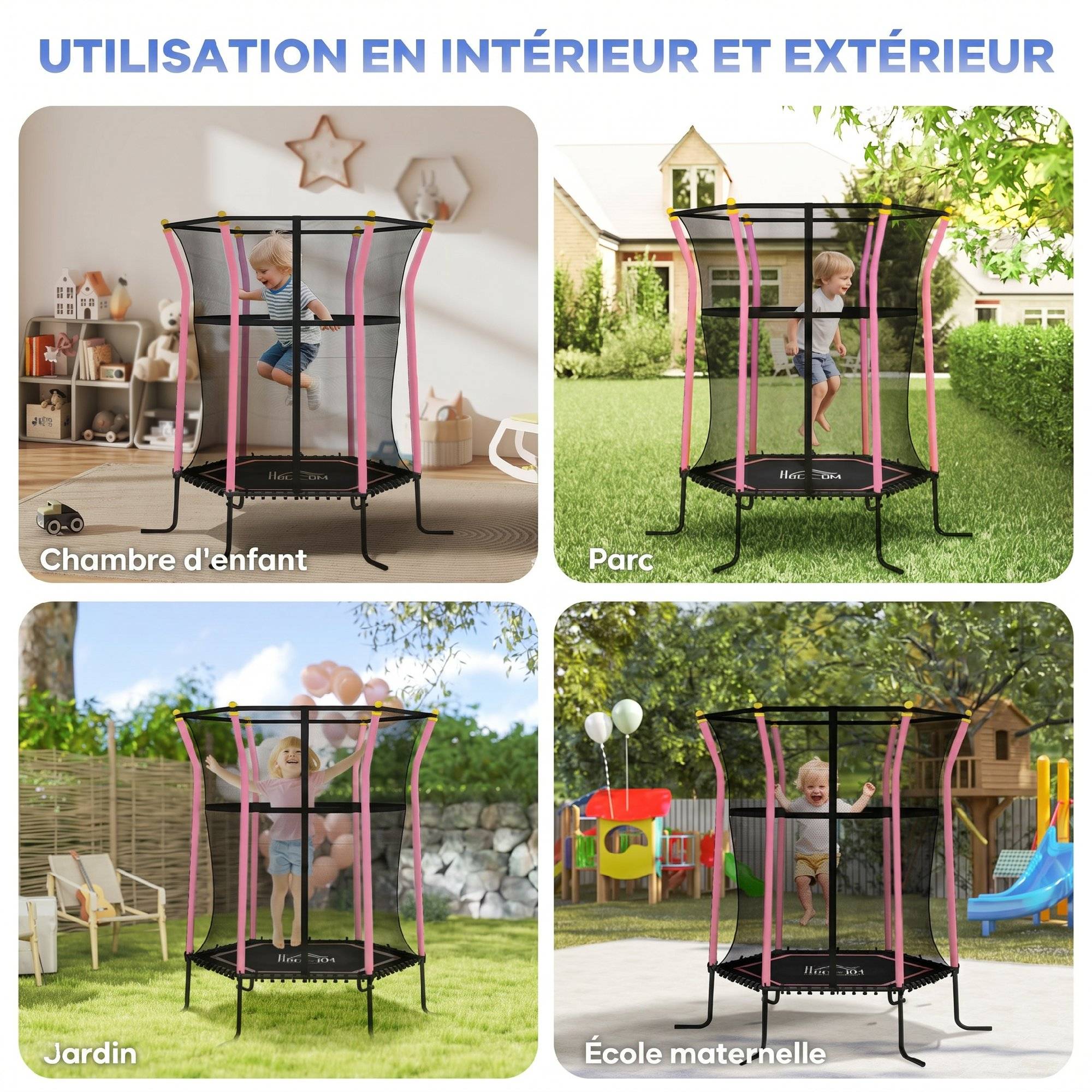 Trampoline pour enfant Ø 1,63 x 1,9 m filet de sécurité porte zippée 6 poteaux rembourrés inclus rose noir - Image 9