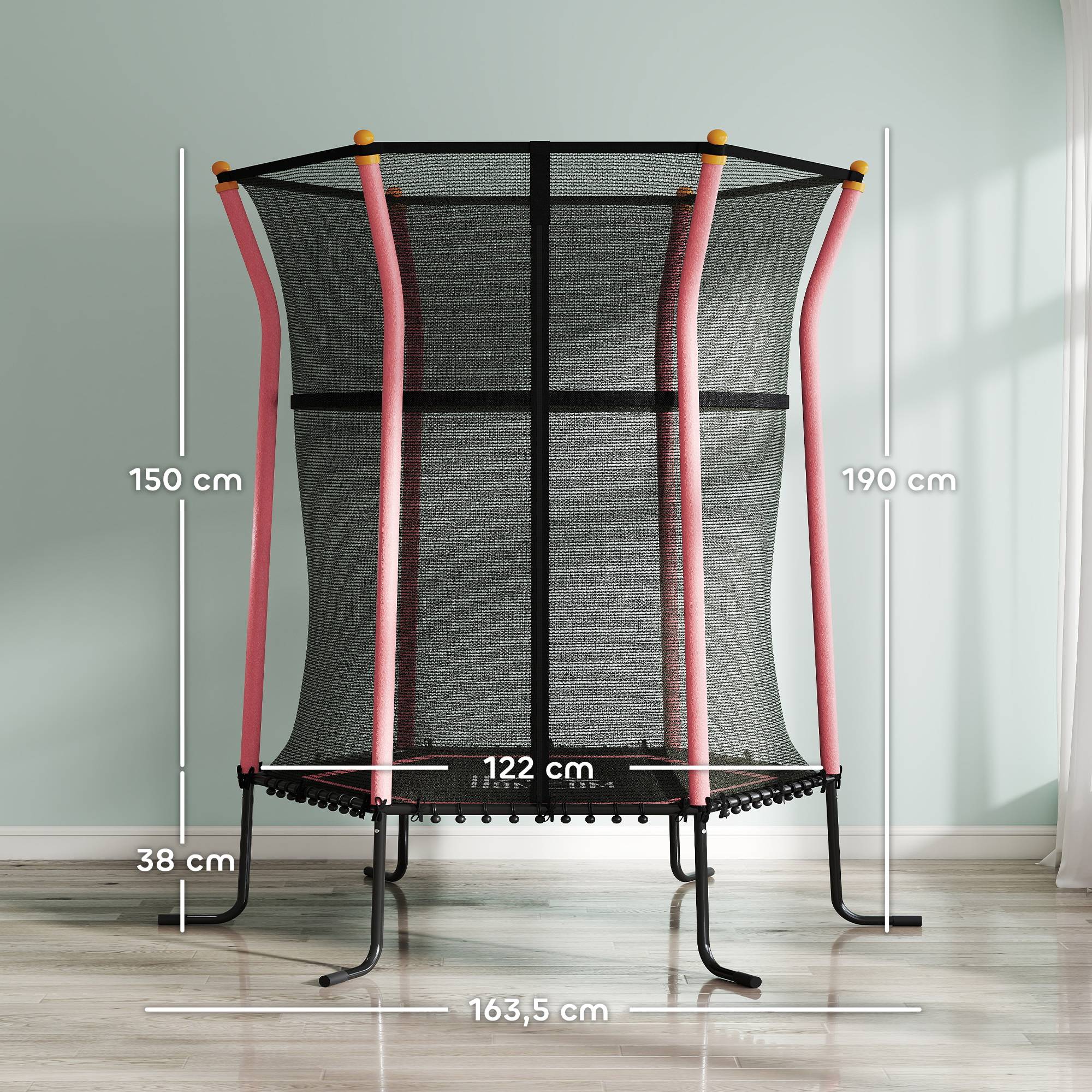 Trampoline pour enfant Ø 1,63 x 1,9 m filet de sécurité porte zippée 6 poteaux rembourrés inclus rose noir - Image 5