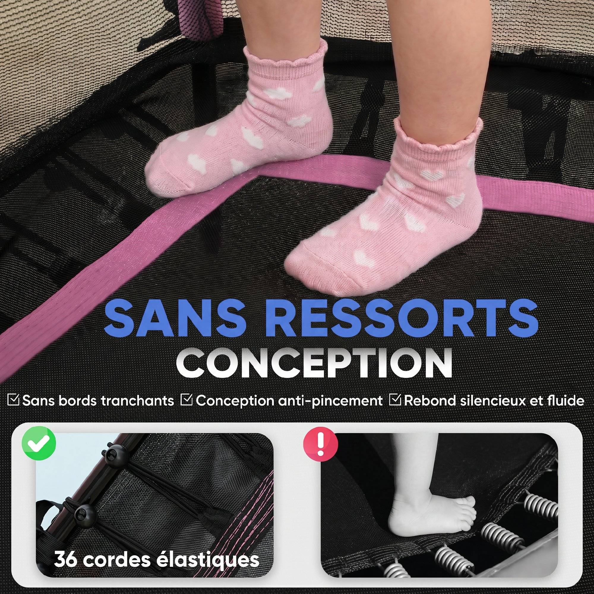 Trampoline pour enfant Ø 1,63 x 1,9 m filet de sécurité porte zippée 6 poteaux rembourrés inclus rose noir - Image 7