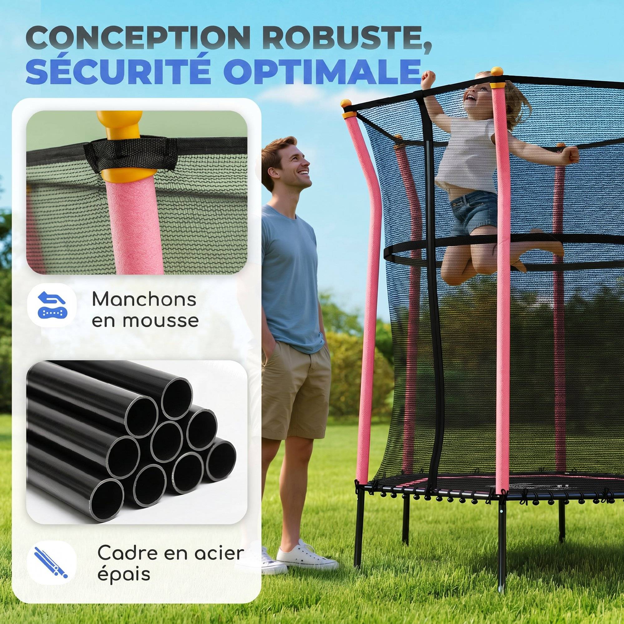 Trampoline pour enfant Ø 1,63 x 1,9 m filet de sécurité porte zippée 6 poteaux rembourrés inclus rose noir - Image 6