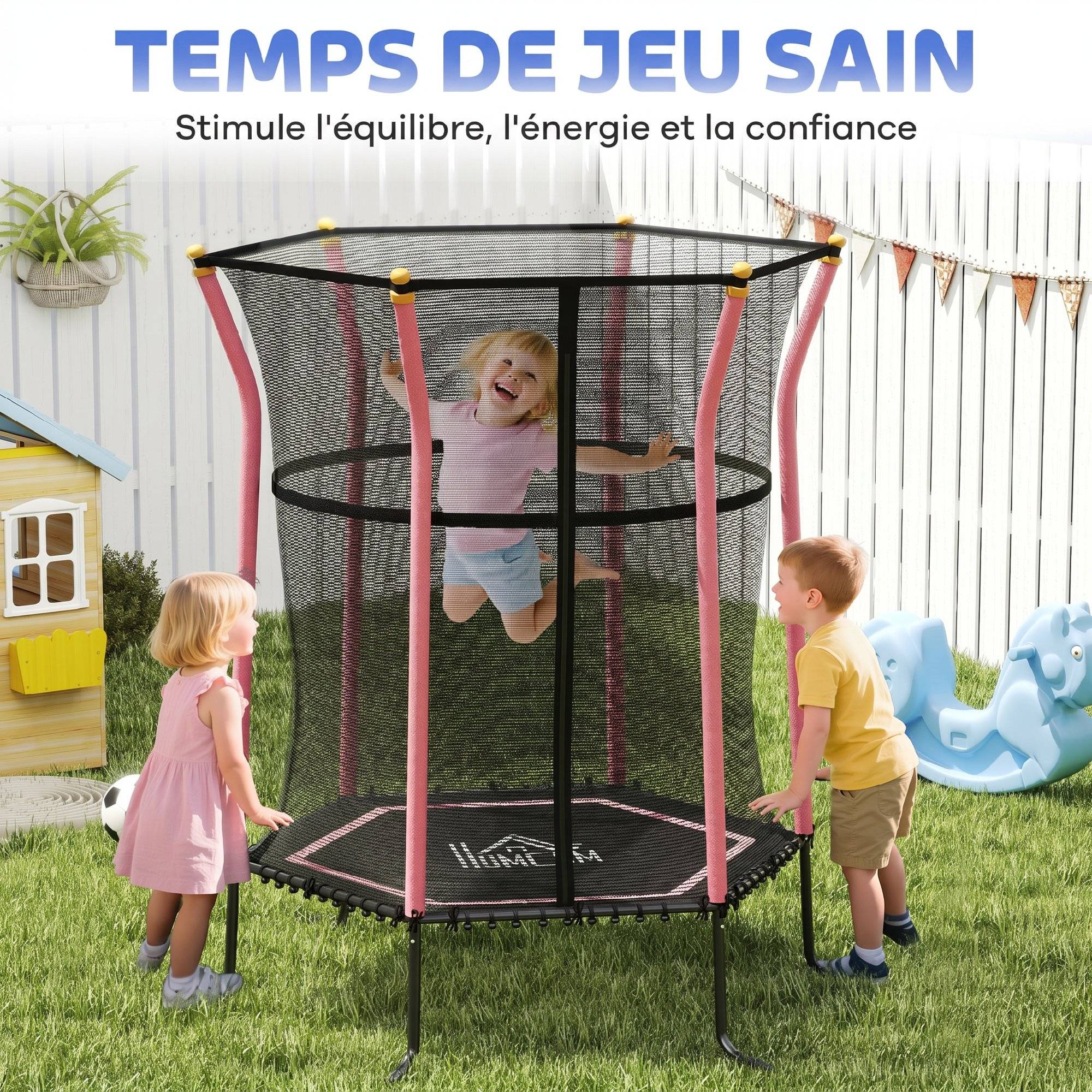 Trampoline pour enfant Ø 1,63 x 1,9 m filet de sécurité porte zippée 6 poteaux rembourrés inclus rose noir - Image 10