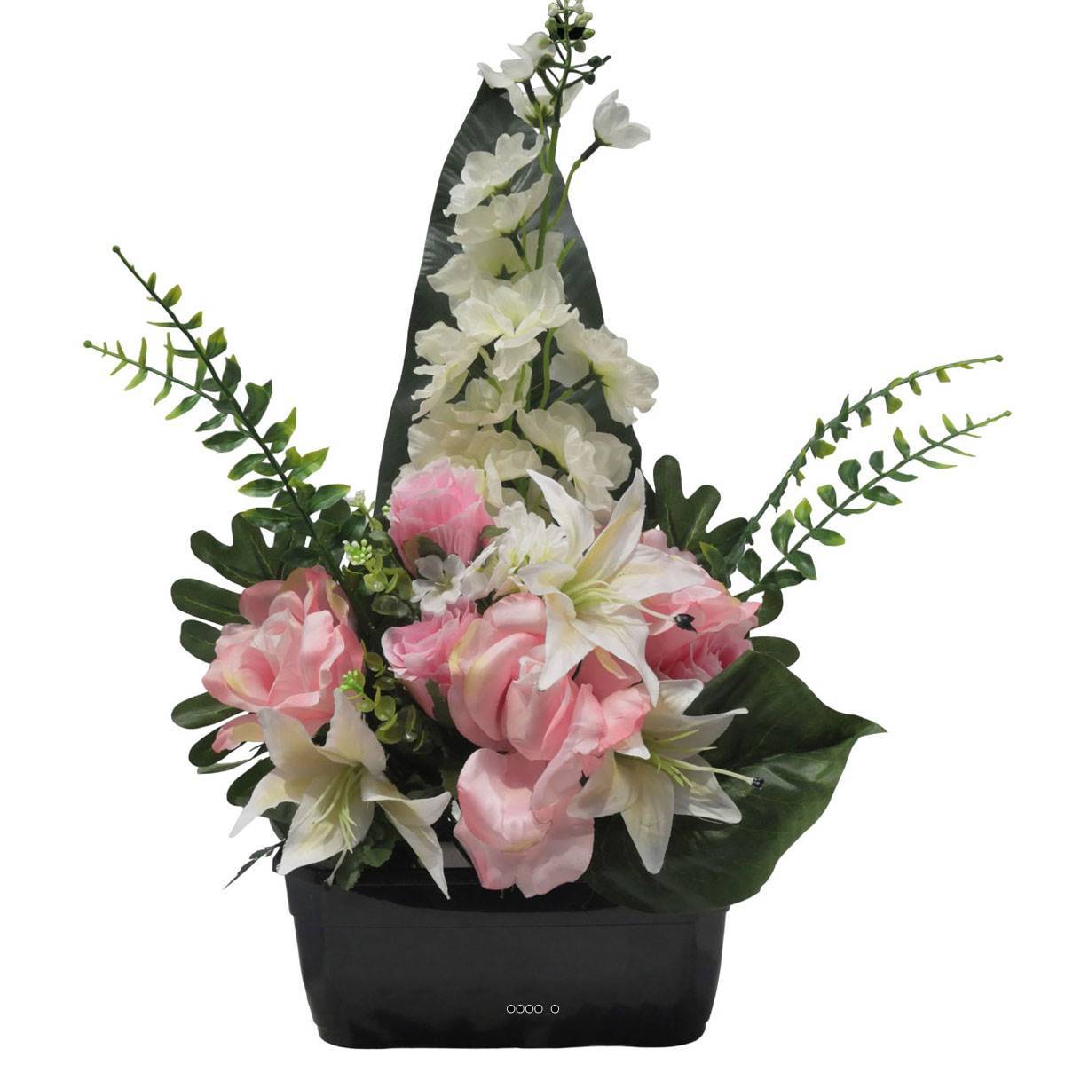 Jardinière fleurs artificielles pour les tombes Rose, bouton de Rose, Lys et Delphinium Rose - couleur: Rose - Image 2