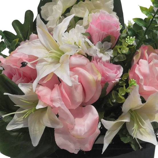 Jardinière fleurs artificielles pour les tombes Rose, bouton de Rose, Lys et Delphinium Rose - couleur: Rose - Image 3