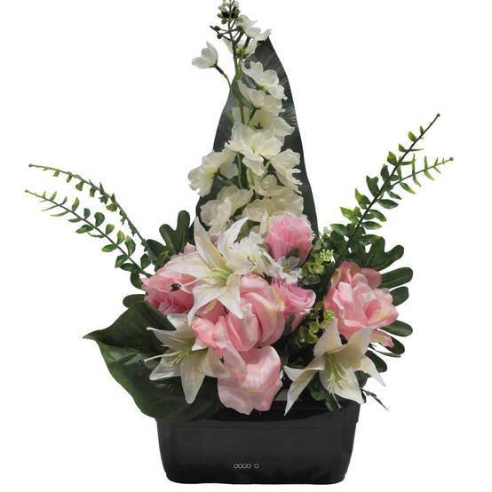 Jardinière fleurs artificielles pour les tombes Rose, bouton de Rose, Lys et Delphinium Rose - couleur: Rose - Image 1