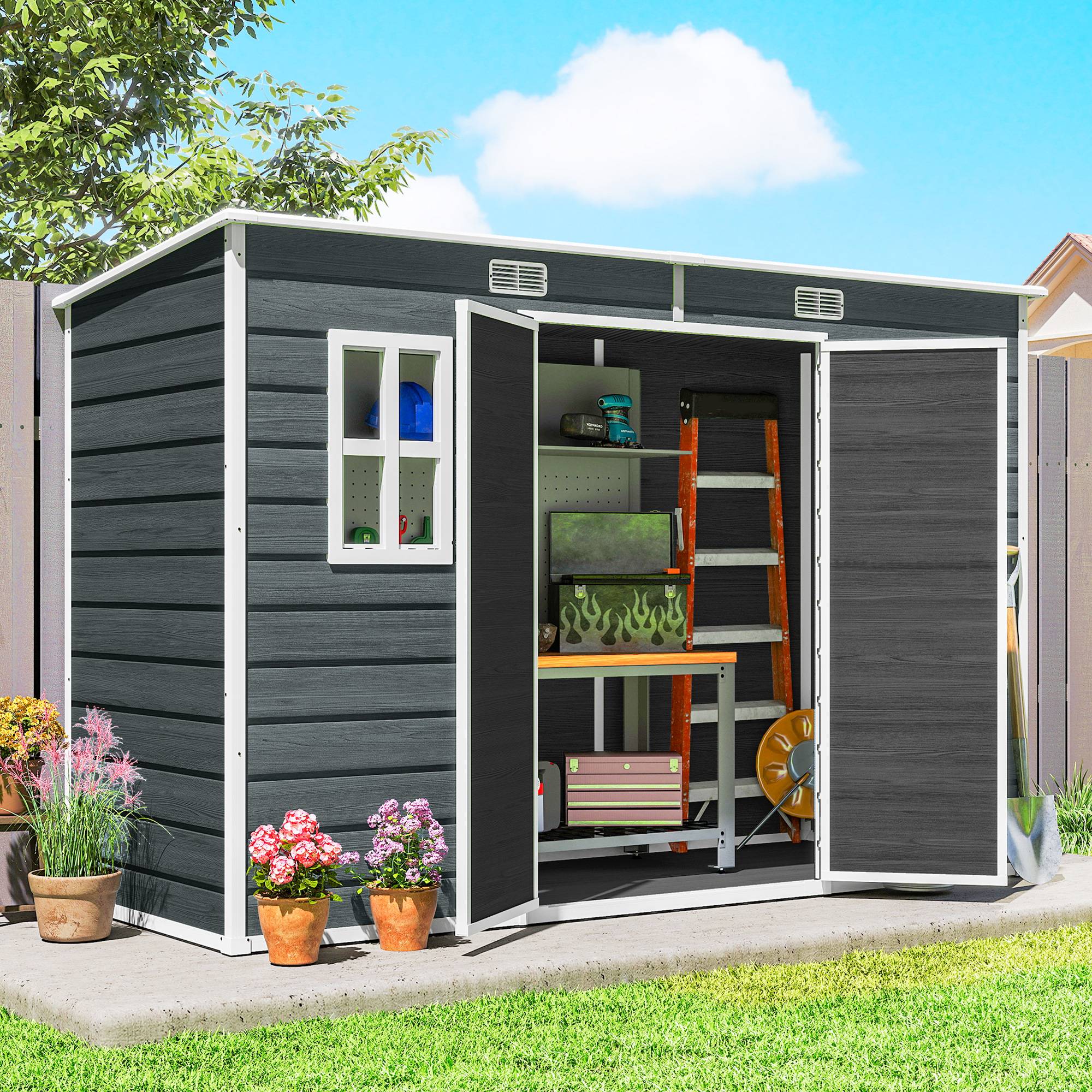 Sans Marque - Abri jardin plastique plancher 303x123x197 cm effet bois gris - Image 4