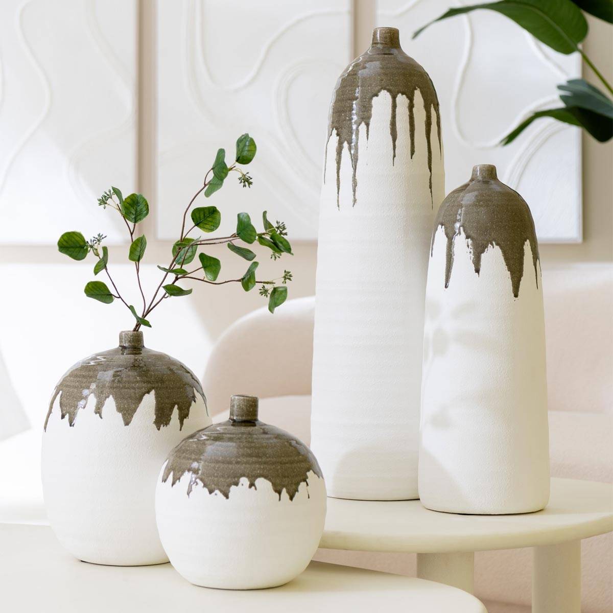 Vase Bouteille en Argile "Olea" 47cm Blanc & Vert - Image 4