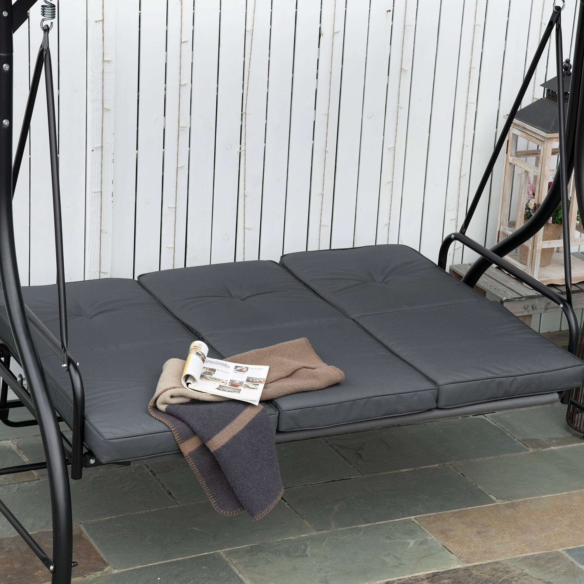 Outsunny - Balancelle de jardin 3 places convertible matelas fourni gris métal noir - Outsunny - Imagen 4