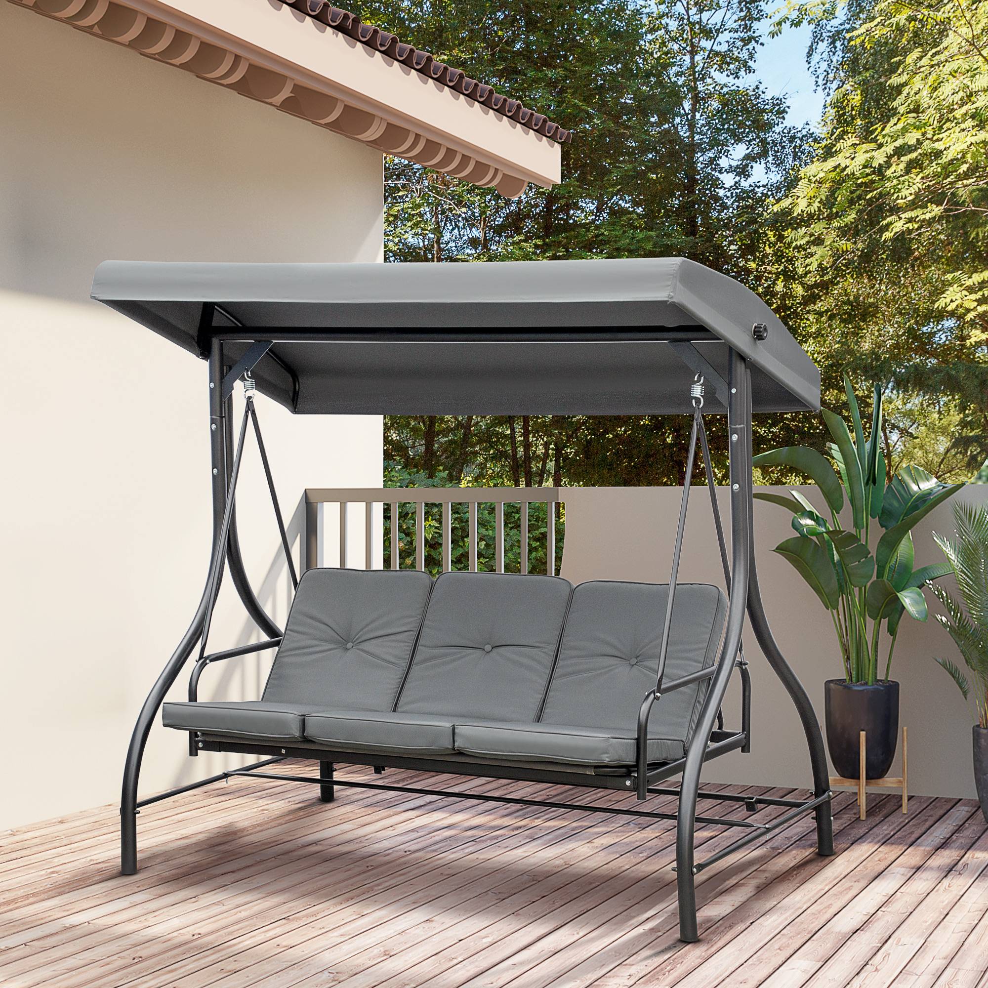 Outsunny - Balancelle de jardin 3 places convertible matelas fourni gris métal noir - Outsunny - Imagen 2