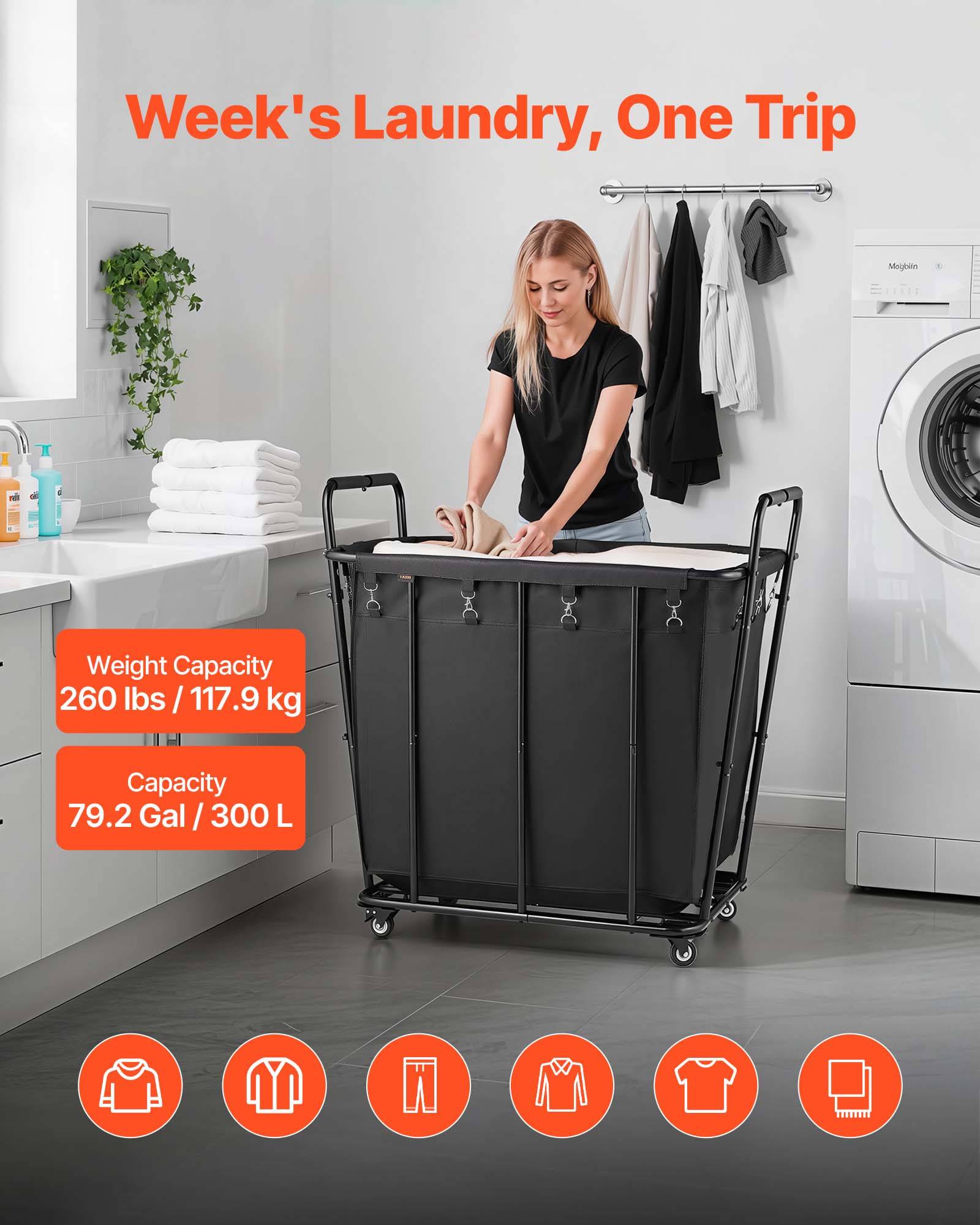 Vevor - VEVOR Chariot à linge panier à linge mobile avec doublure 117,9 kg 300 L noir - Image 2