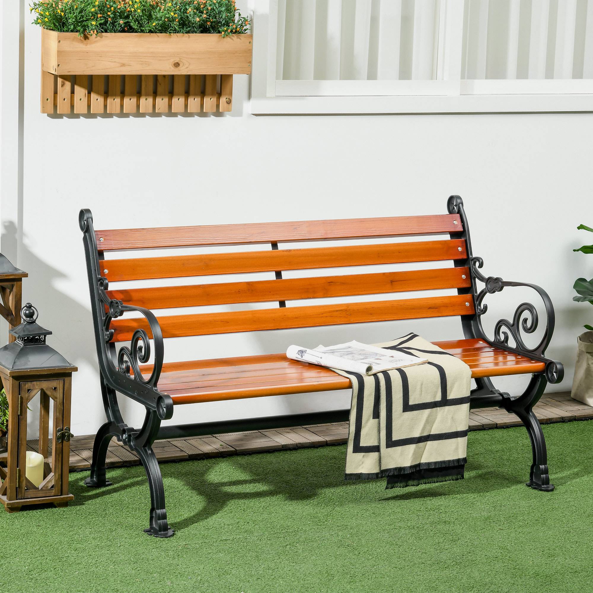 Banc de jardin bois aluminium terrasse parc dossier accoudoirs 120x64x79cm teck - ComfortXL Outdoor Living - Image 3