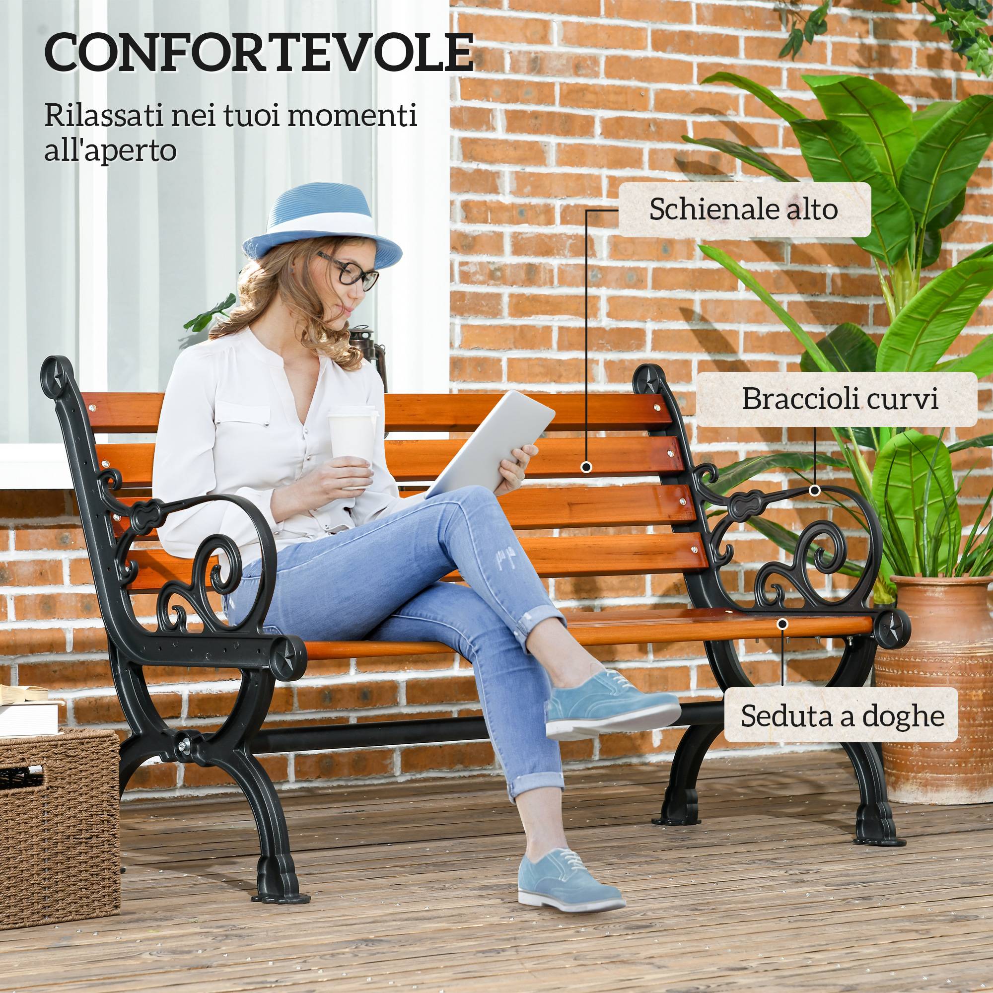 Banc de jardin bois aluminium terrasse parc dossier accoudoirs 120x64x79cm teck - ComfortXL Outdoor Living - Image 6