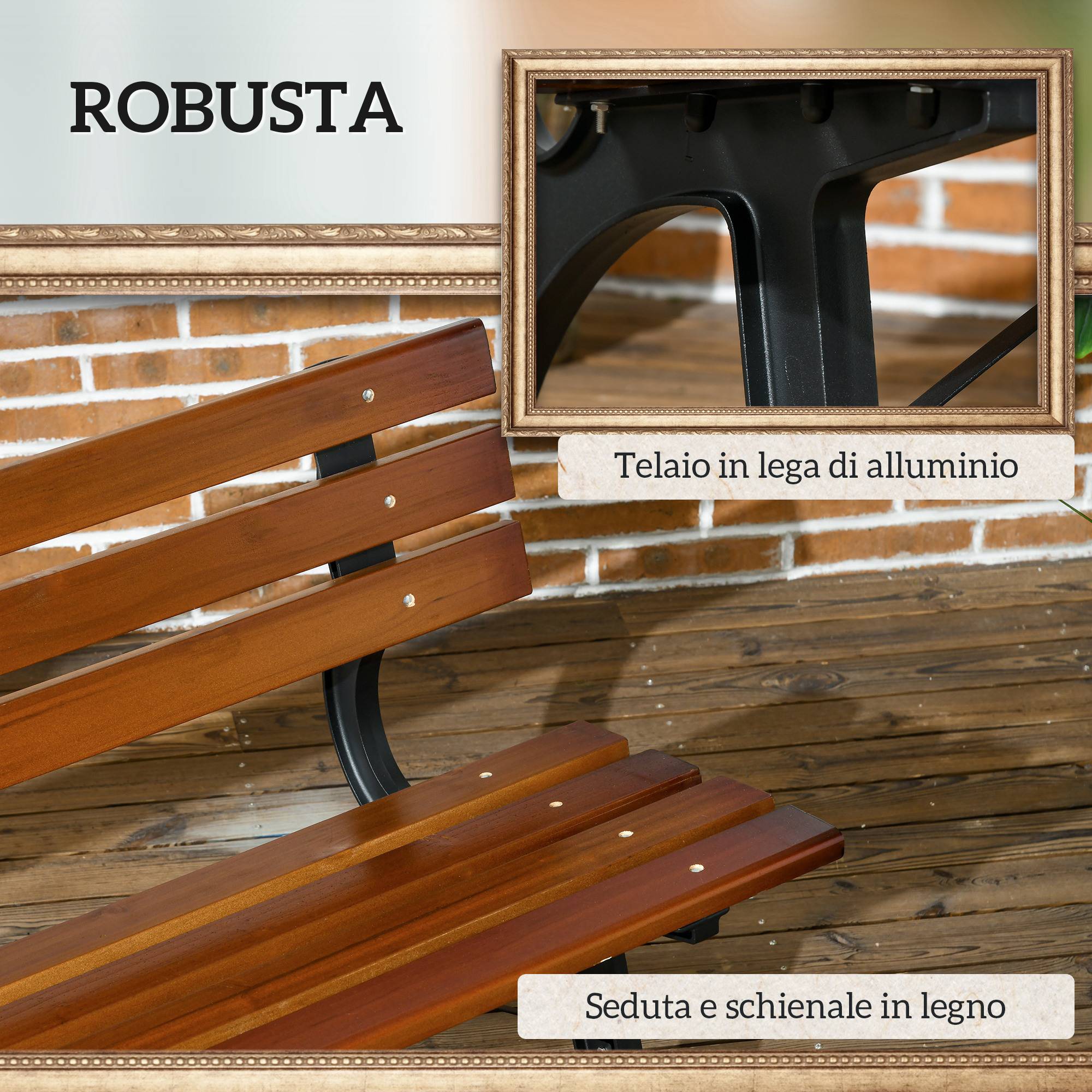Banc de jardin bois sapin fonte aluminium dossier lattes 120x57x70cm café - ComfortXL Outdoor Living - Image 7