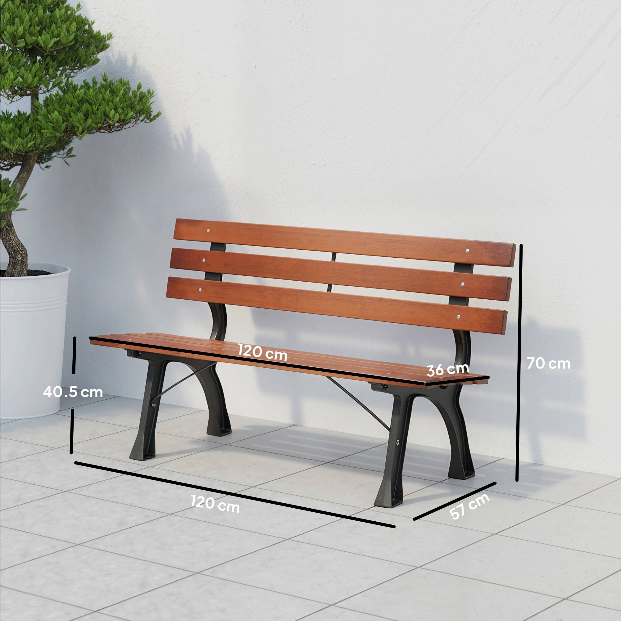 Banc de jardin bois sapin fonte aluminium dossier lattes 120x57x70cm café - ComfortXL Outdoor Living - Image 5
