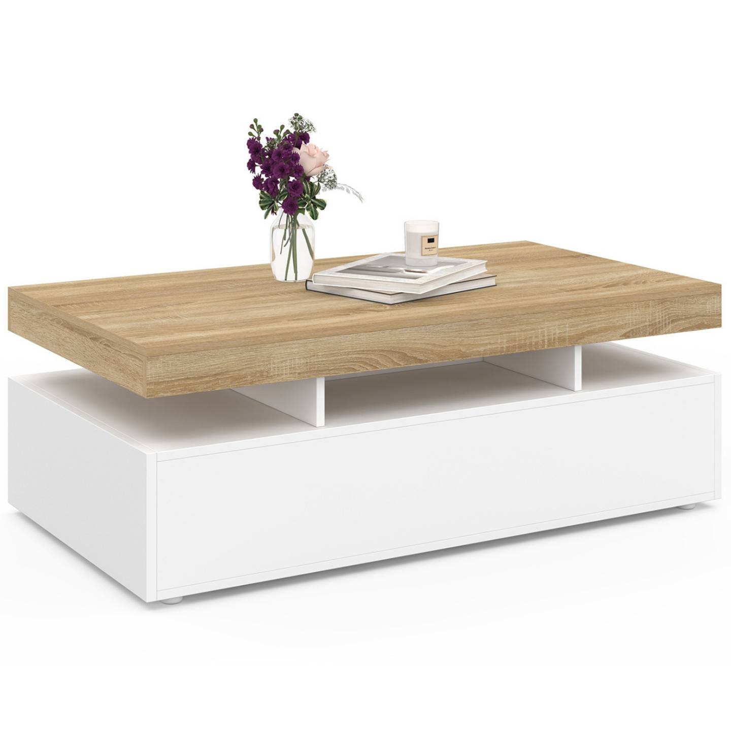 Table basse rectangulaire ELSA 100 cm 2 tiroirs en bois blanc et plateau façon hêtre - Image 2
