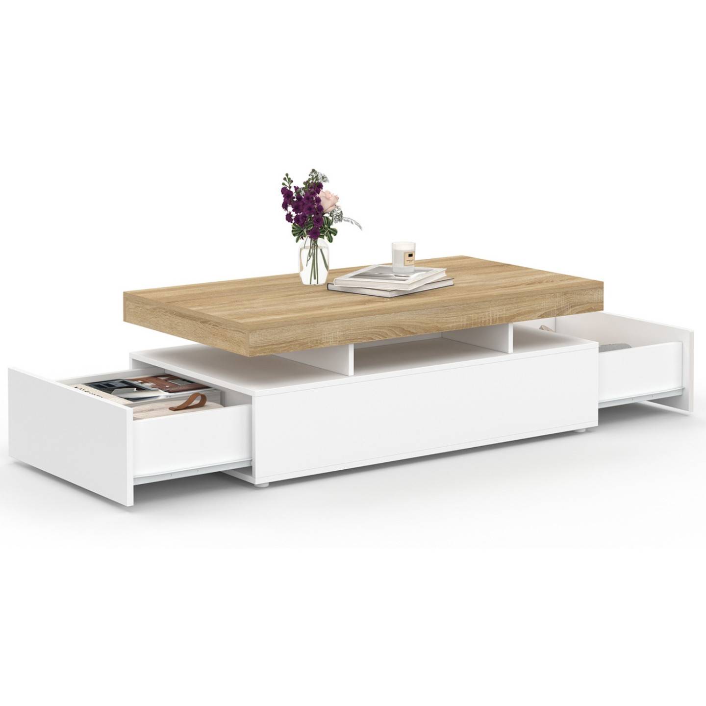 Table basse rectangulaire ELSA 100 cm 2 tiroirs en bois blanc et plateau façon hêtre - Image 4