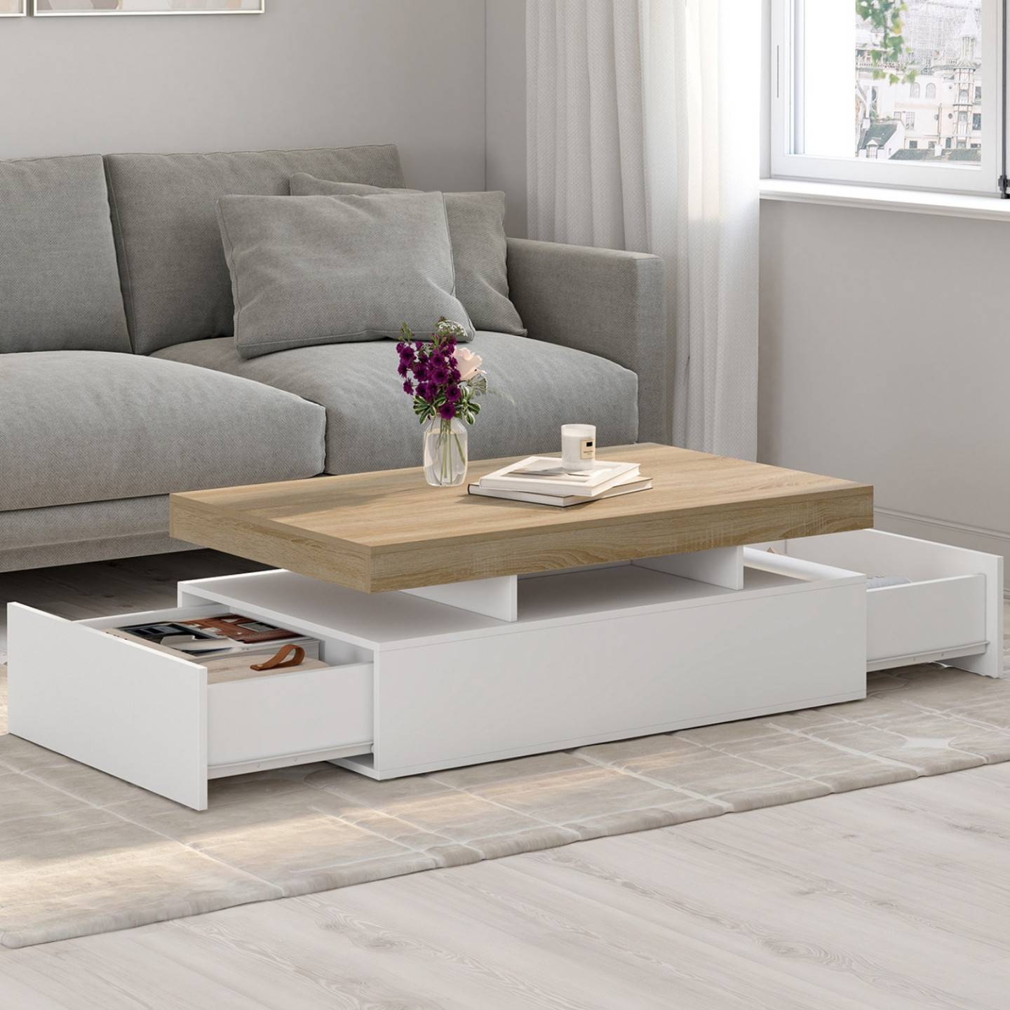 Table basse rectangulaire ELSA 100 cm 2 tiroirs en bois blanc et plateau façon hêtre - Image 1
