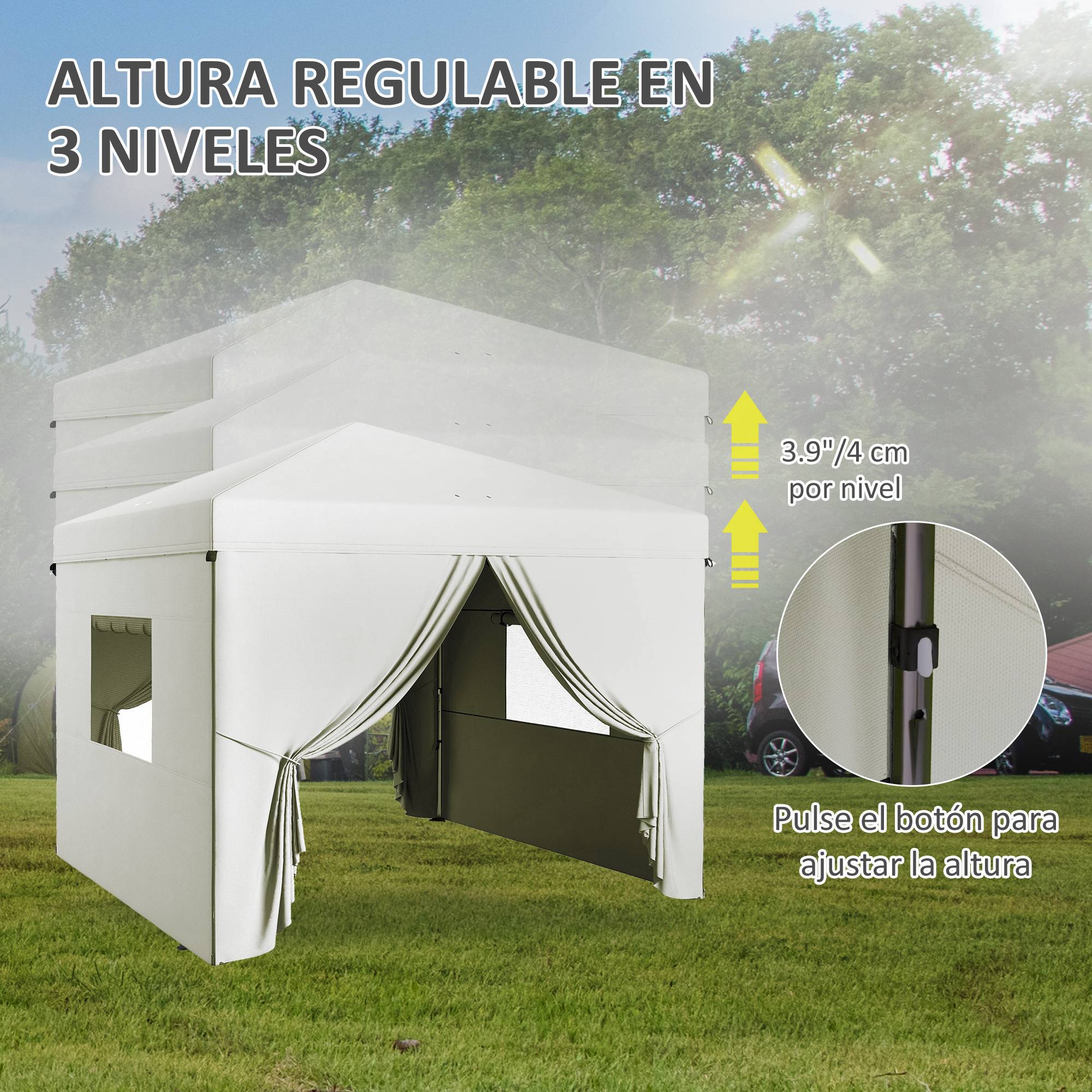 Tente pliante 3x3m avec 4 rideaux latéraux, 2 fenêtres en filet, hauteur réglable, imperméable et résistante aux UV, blanche - Image 7