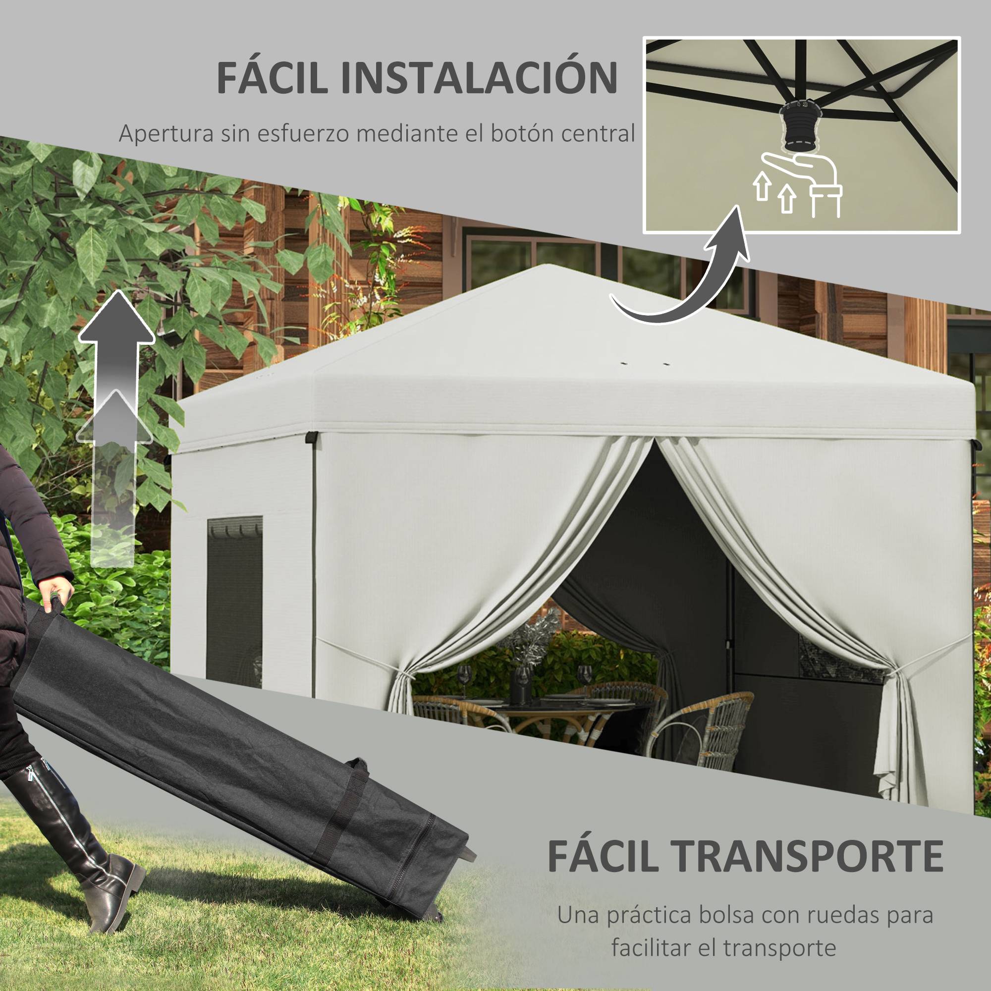 Tente pliante 3x3m avec 4 rideaux latéraux, 2 fenêtres en filet, hauteur réglable, imperméable et résistante aux UV, blanche - Image 6