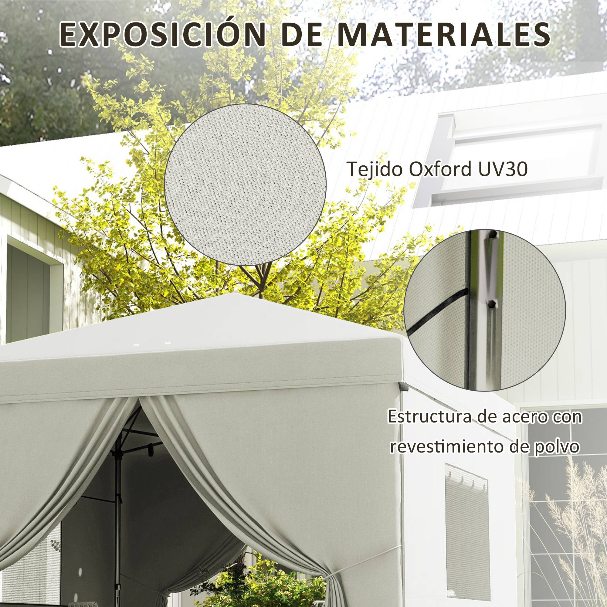 Tente pliante 3x3m avec 4 rideaux latéraux, 2 fenêtres en filet, hauteur réglable, imperméable et résistante aux UV, blanche - Image 9