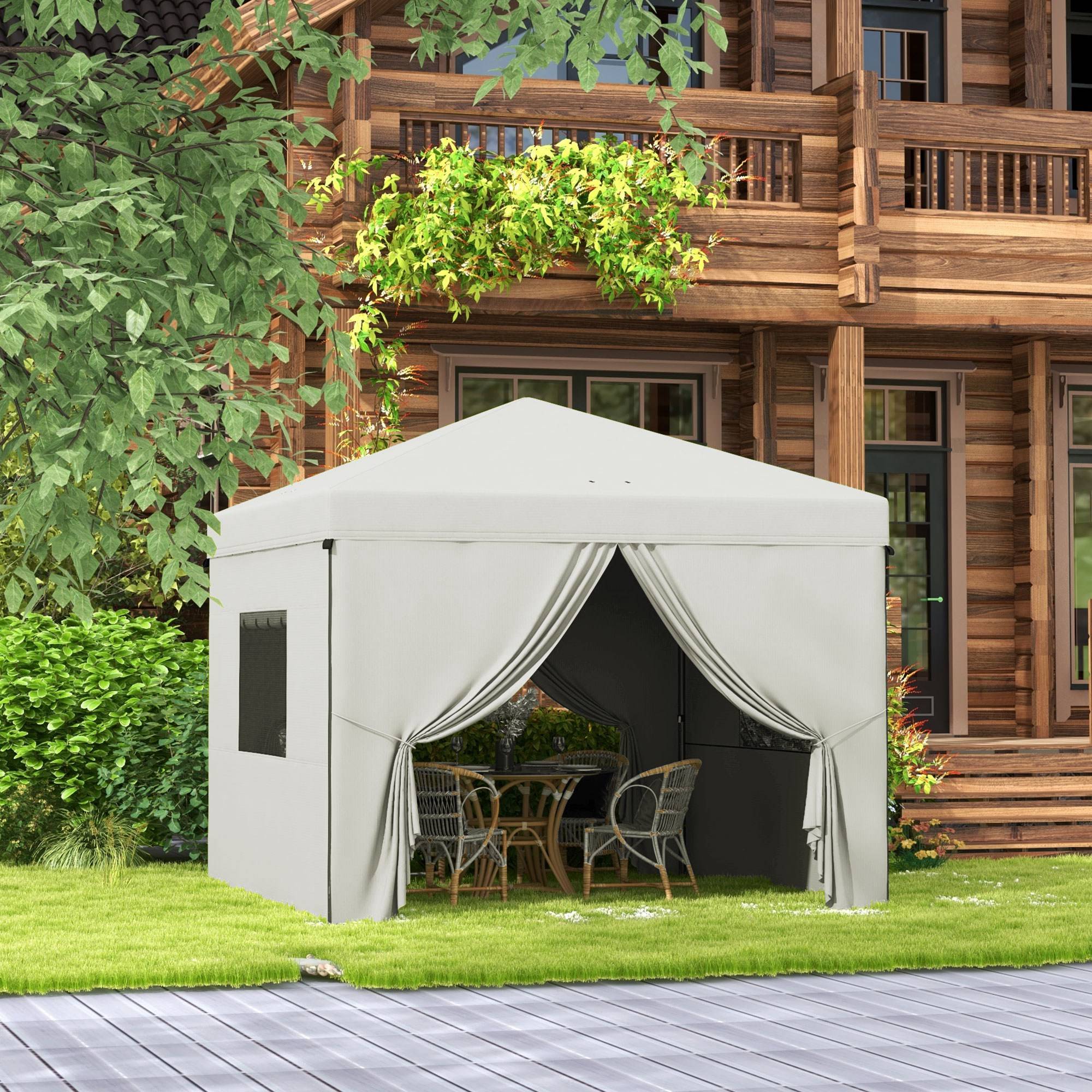 Tente pliante 3x3m avec 4 rideaux latéraux, 2 fenêtres en filet, hauteur réglable, imperméable et résistante aux UV, blanche - Image 4