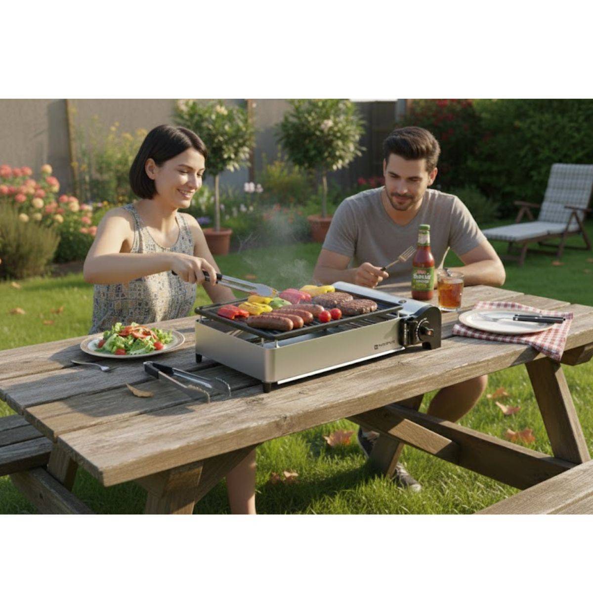 Barbecue à gaz portable 1900W Grille anti adhesive + 8 Cartouches gaz butane - Idéal camping, terrasse, extérieur KEMPER - Imagen 5
