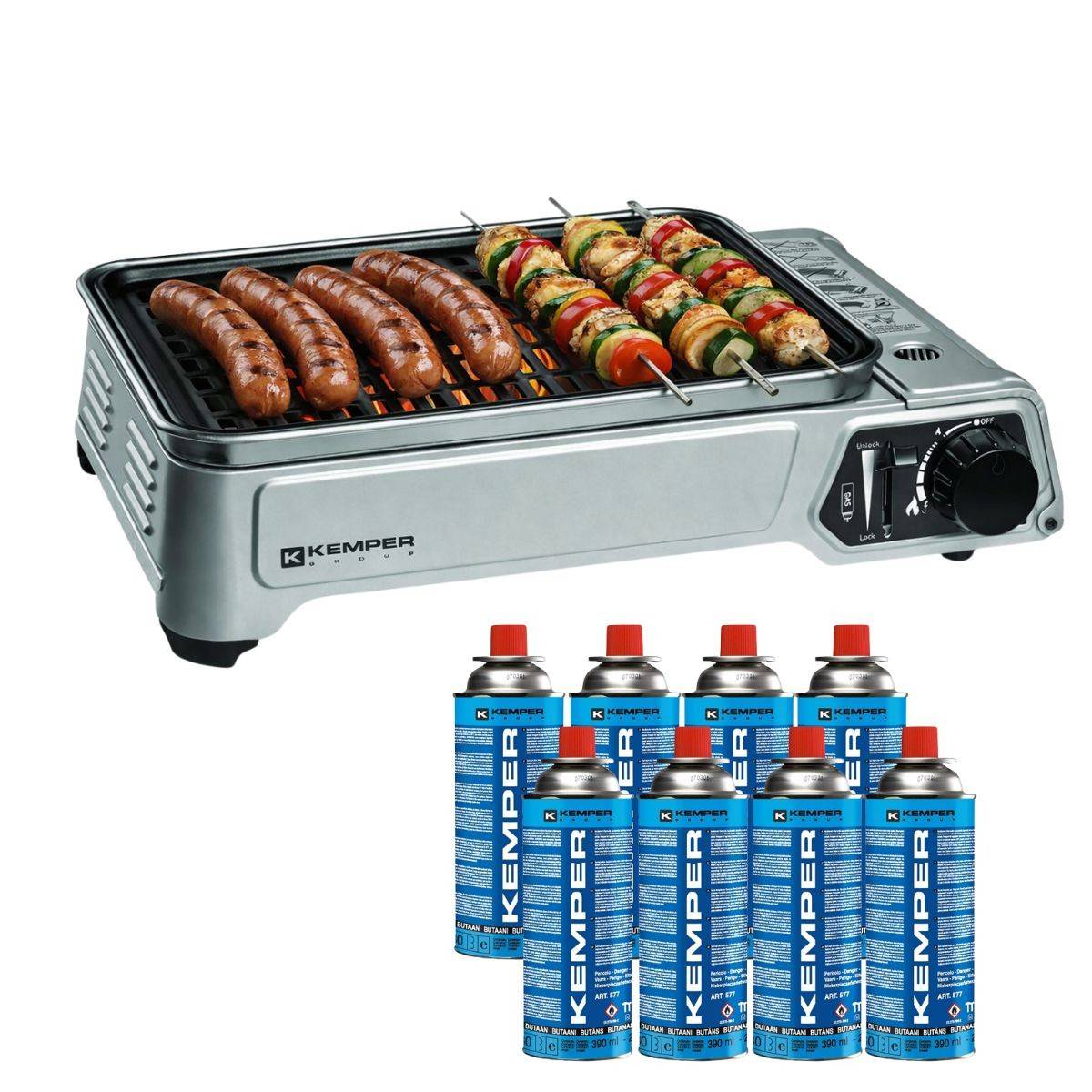 Barbecue à gaz portable 1900W Grille anti adhesive + 8 Cartouches gaz butane - Idéal camping, terrasse, extérieur KEMPER - Imagen 1