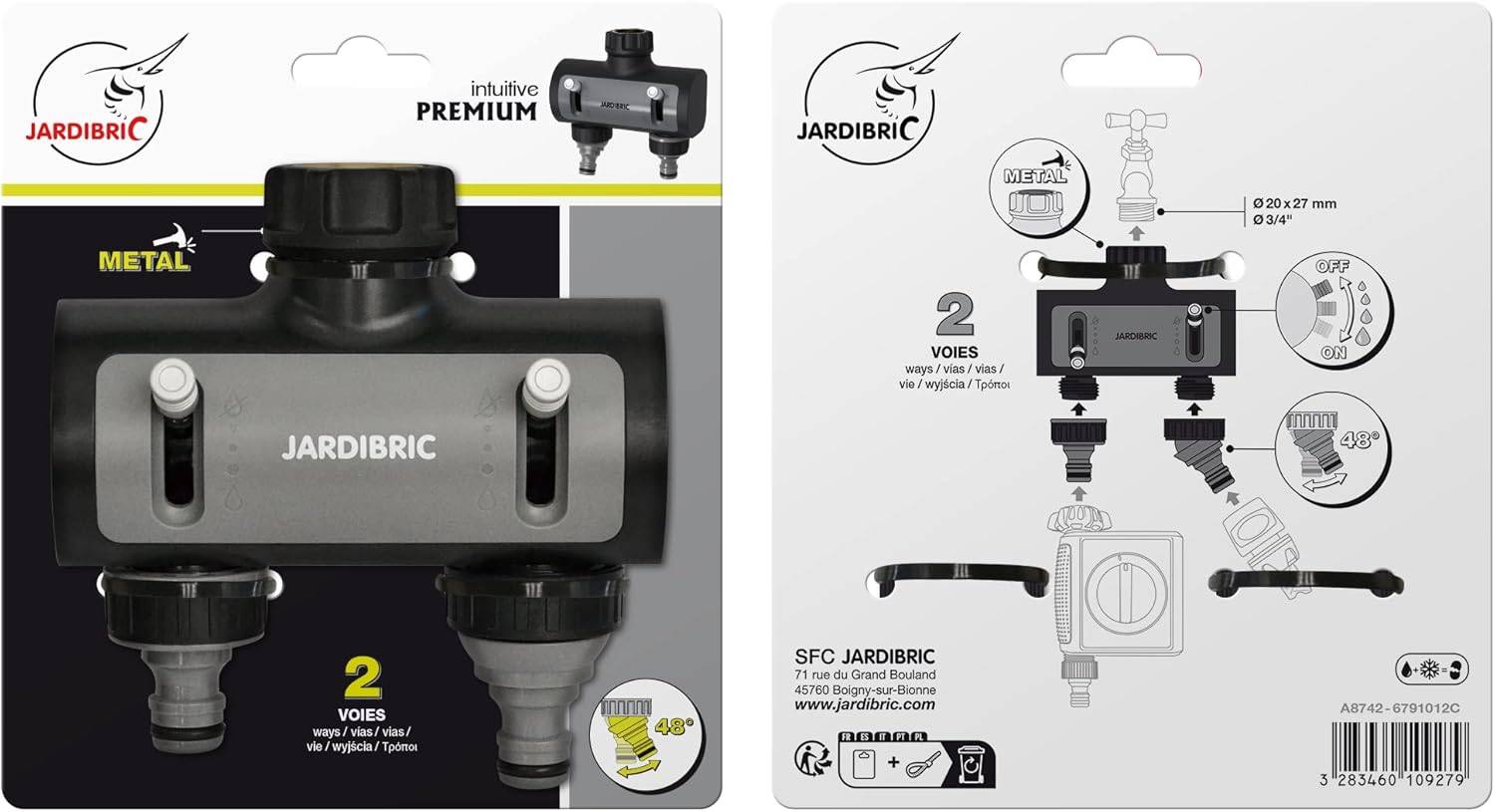 Jardibric - Sélecteur d'arrosage 2 Sorties Jardibric M20x27 Filetées avec Nez de Robinette Entrée Métal Gainée F20x27 1 Sortie Orientable - Image 6