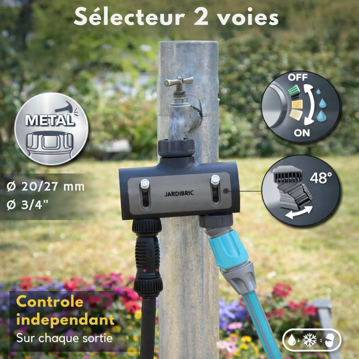 Jardibric - Sélecteur d'arrosage 2 Sorties Jardibric M20x27 Filetées avec Nez de Robinette Entrée Métal Gainée F20x27 1 Sortie Orientable - Image 3