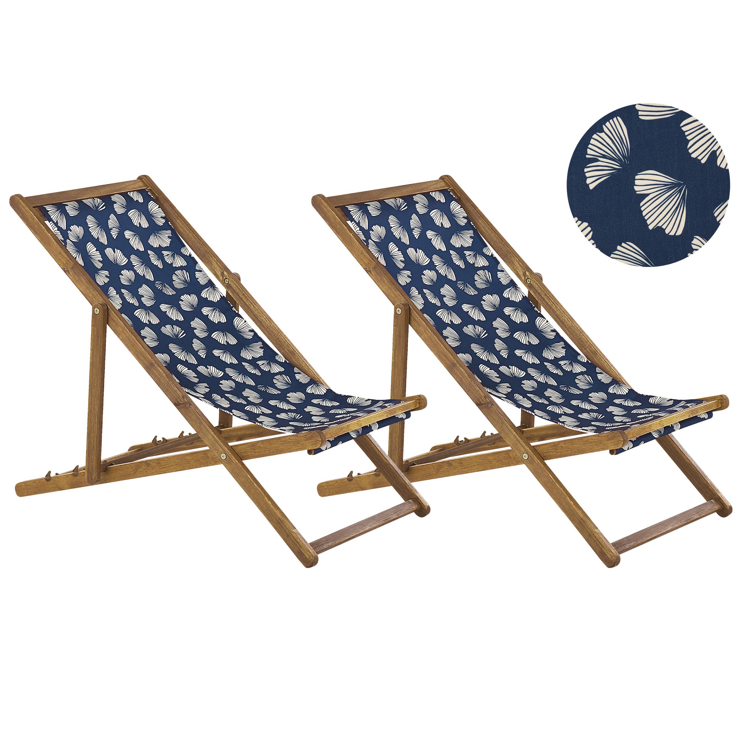 Beliani - 2 Transats Chiliennes Pliantes et Réglables en Bois d'Acacia Clair et Textile Motif Bleu et Beige avec Toiles de Remplacement - Imagen 1
