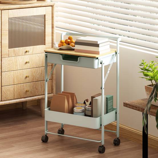 Chariot de rangement à 2 niveaux avec tiroir, plateau et panier métallique, desserte mobile vert clair pour cuisine salle de bain bureau moderne - Image 3