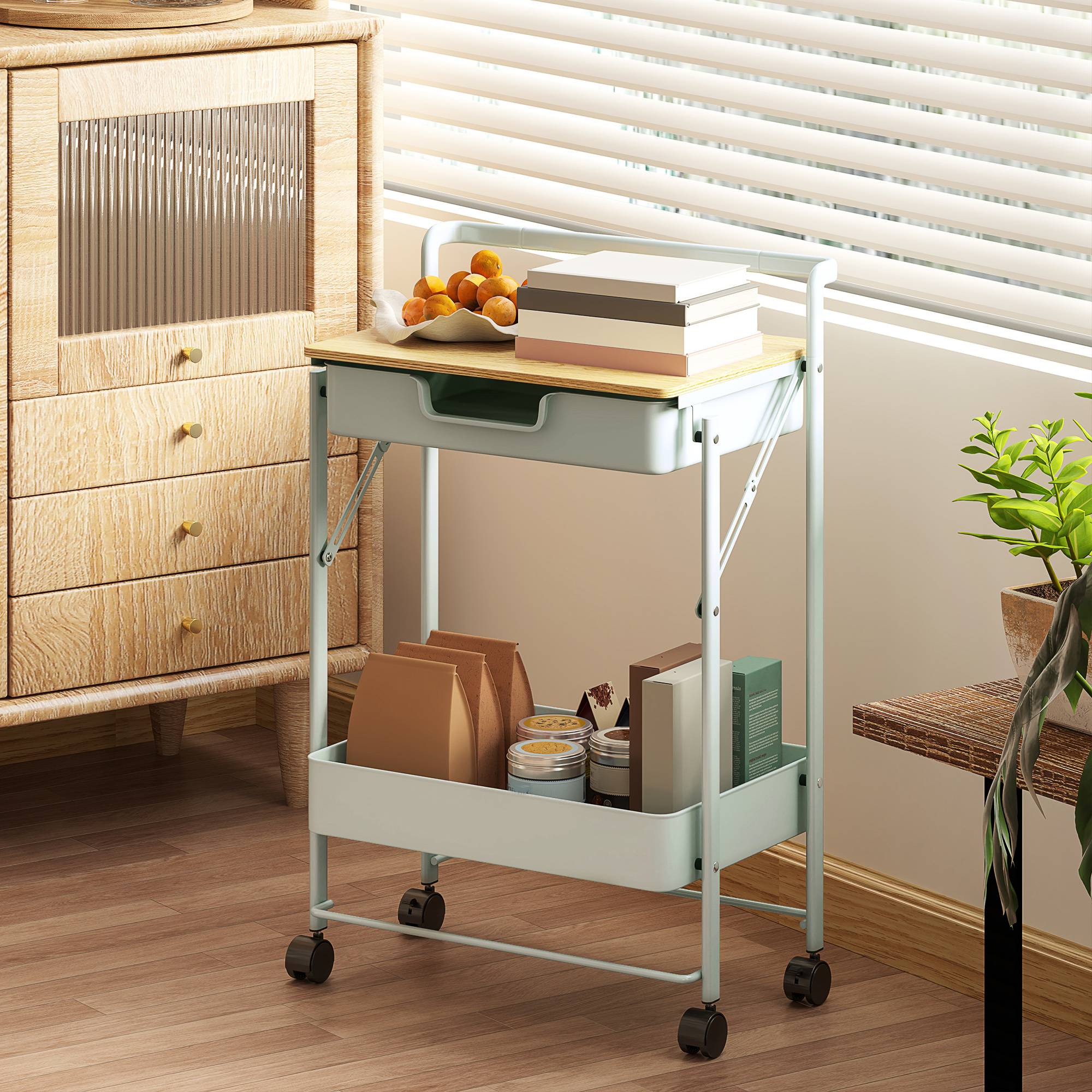 Chariot de rangement à 2 niveaux avec tiroir, plateau et panier métallique, desserte mobile vert clair pour cuisine salle de bain bureau moderne - Image 3