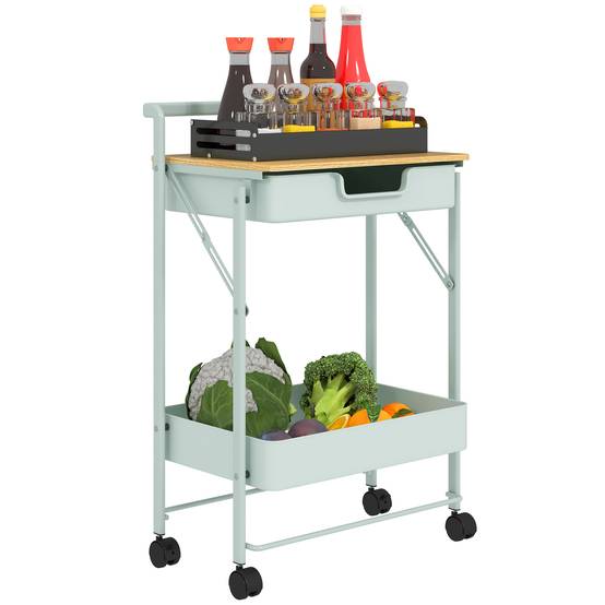 Chariot de rangement à 2 niveaux avec tiroir, plateau et panier métallique, desserte mobile vert clair pour cuisine salle de bain bureau moderne - Image 1