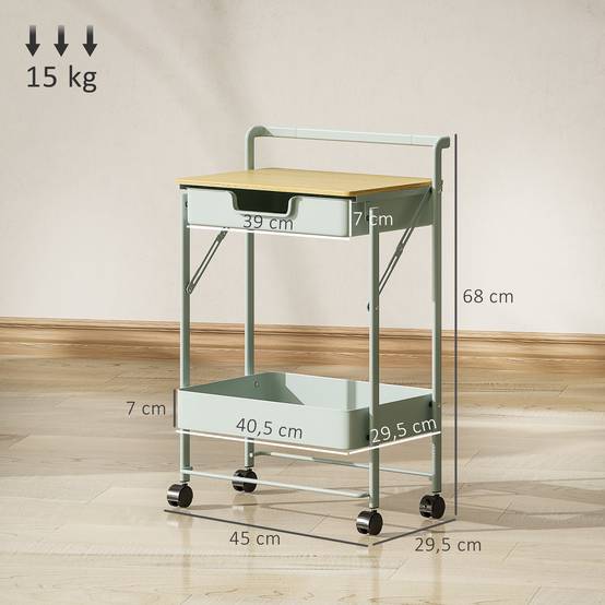 Chariot de rangement à 2 niveaux avec tiroir, plateau et panier métallique, desserte mobile vert clair pour cuisine salle de bain bureau moderne - Image 5