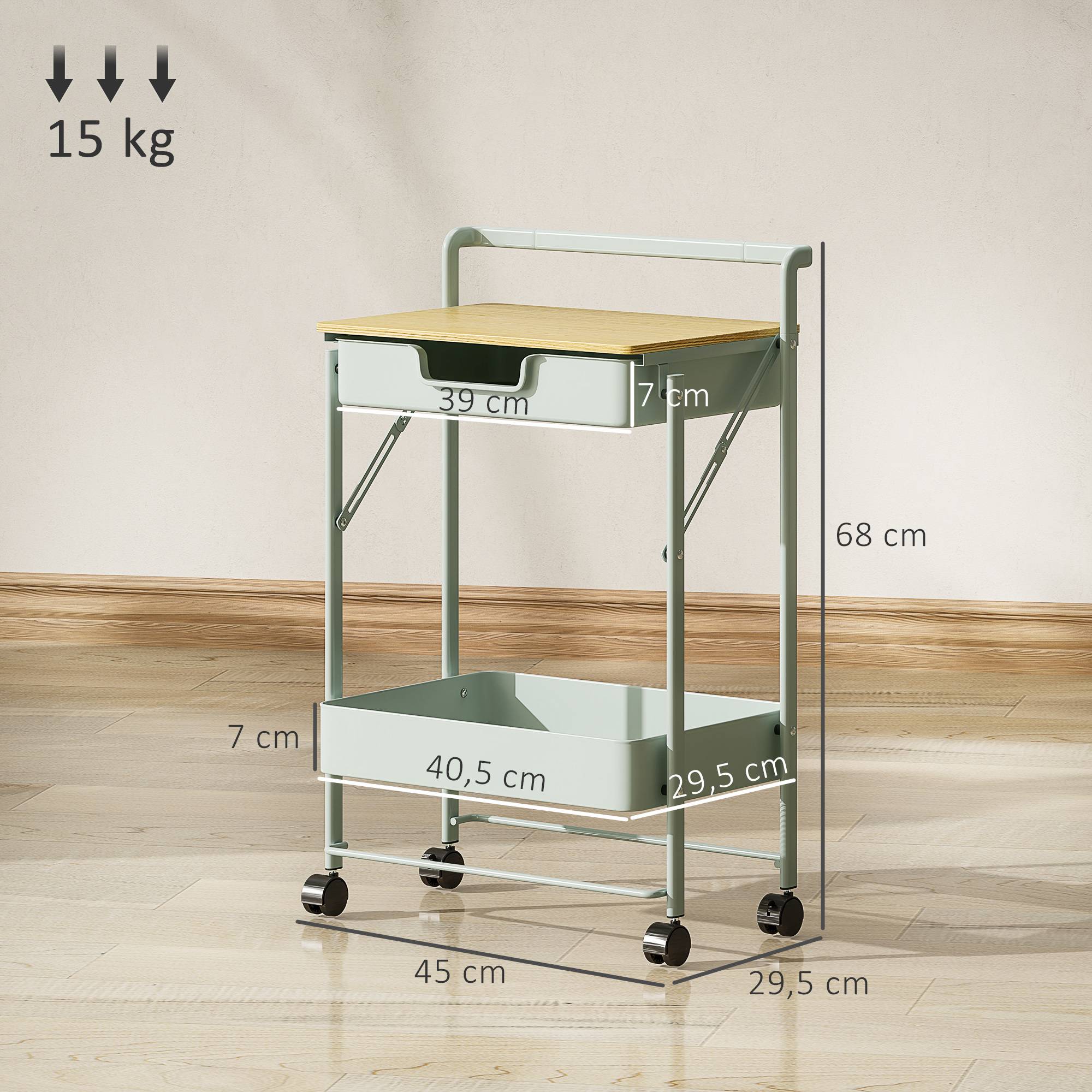 Chariot de rangement à 2 niveaux avec tiroir, plateau et panier métallique, desserte mobile vert clair pour cuisine salle de bain bureau moderne - Image 5
