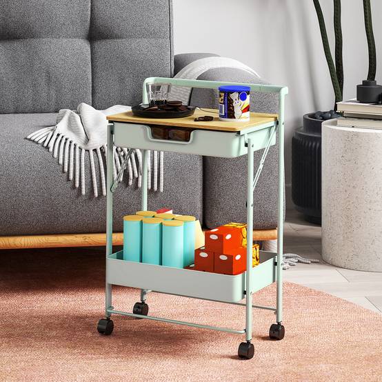 Chariot de rangement à 2 niveaux avec tiroir, plateau et panier métallique, desserte mobile vert clair pour cuisine salle de bain bureau moderne - Image 4